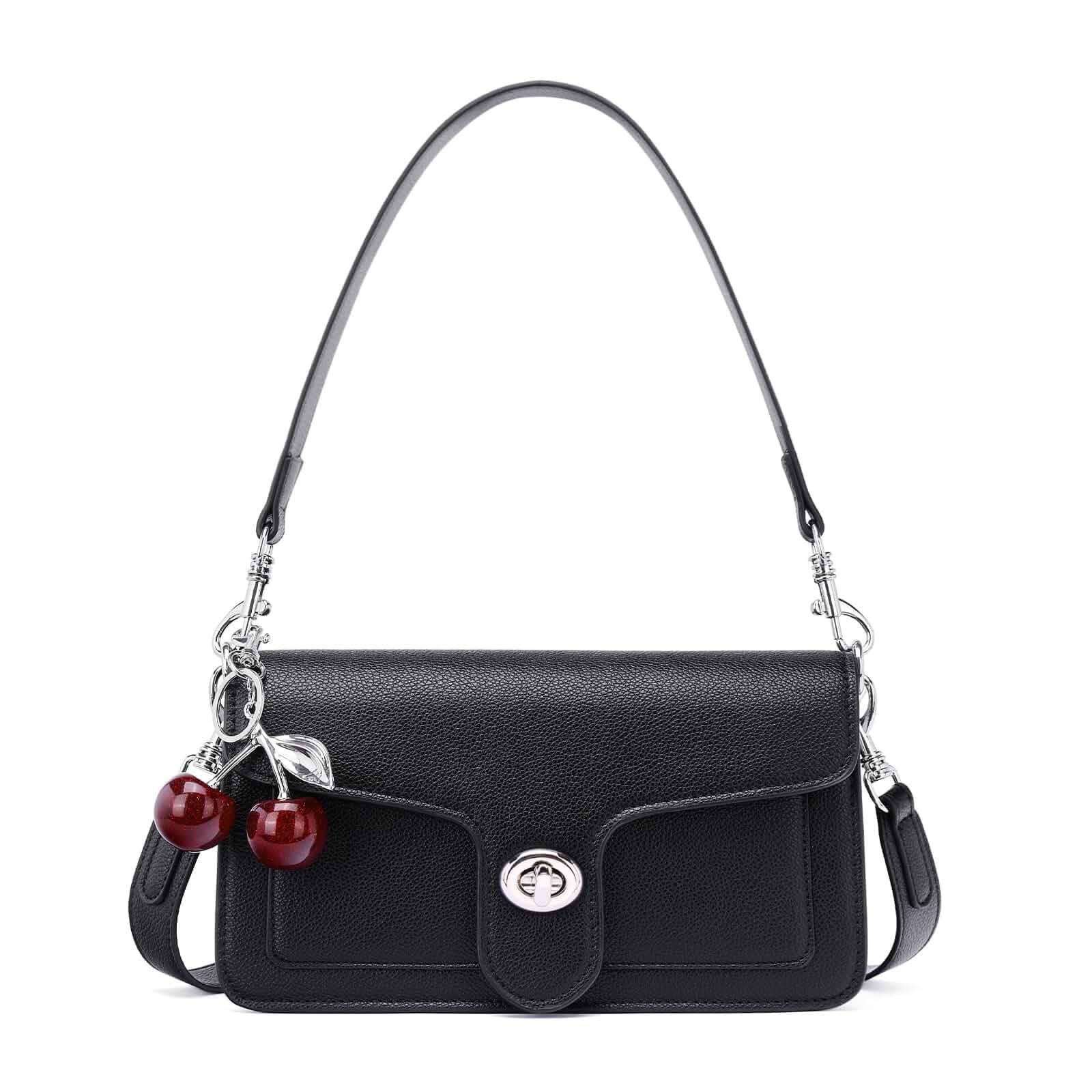 Crossbody Bag for Women, Leather Purse with Cherry Charm Vegan leather crossbody bag with cherry charm, 2 interchangeable straps, and organized storage for everyday essentials.
