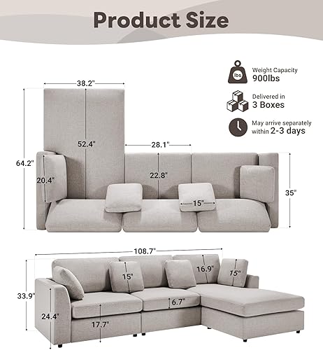 Miniatura 2 de Tbfit Sofá modular en forma de L, sofá modular de gran tamaño de 108 pulgadas con diván convertible, cómodo sofá de 4 almohadas para sala de estar,