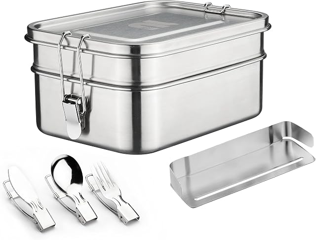 nicelock Stainless Steel Lunch Box, 2 Tier (760ml+1200ml) Large Metal Bento Box Leak-Proof Sandwich Salad Food Storage Container with Adjustable Compartment, Folding Cutlery Set for Adult Women Men