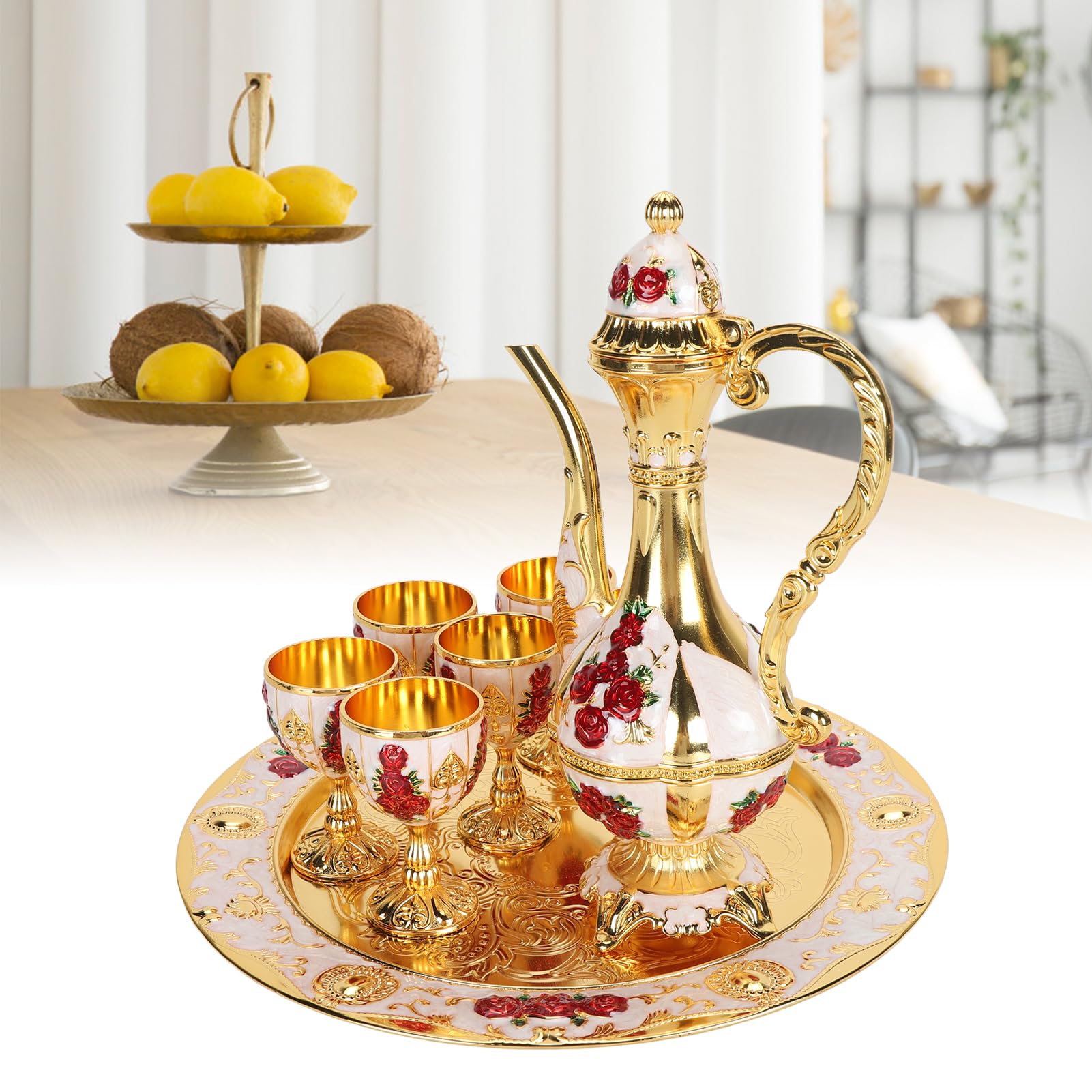 Juego de Café Turco,Juego de Cafetera Turca Vintage de Aleación con Bandeja y 6 Tazas, Decantador de Vino y Vasos, Elegante Set Artesanal para Fiestas, Reuniones, Cenas de Bodas (Gold White Red)