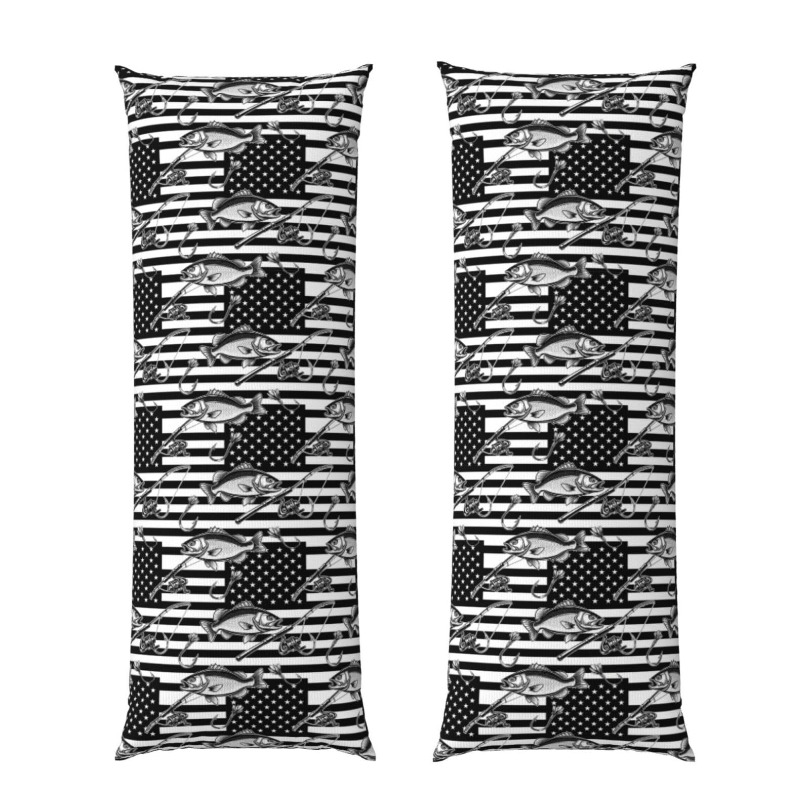 Long Body Pillow Cover 20x60 Black and White American Bass Fishing Flag, Soft Flannel Pillowcase with Zipper, Cozy Cushion Protector for Couch Sofa Bed Sleeping Decoration
