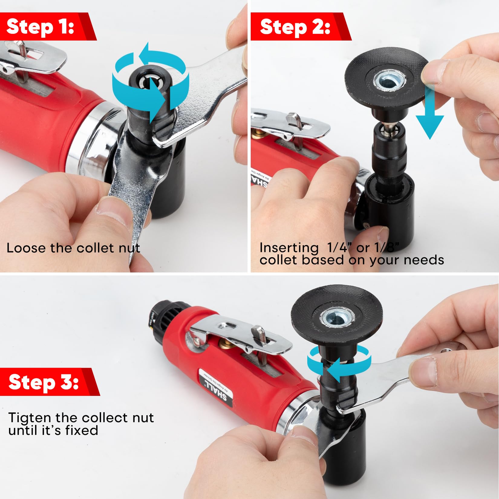 SHALL Amoladora de ángulo recto, 90 grados, pinzas de 1/4 y 1/8 pulgadas, 24 discos de lijado, conector de aire, lubricante y llave de portabrocas incluidas, para moler, pulir, desbarbar, grabar y