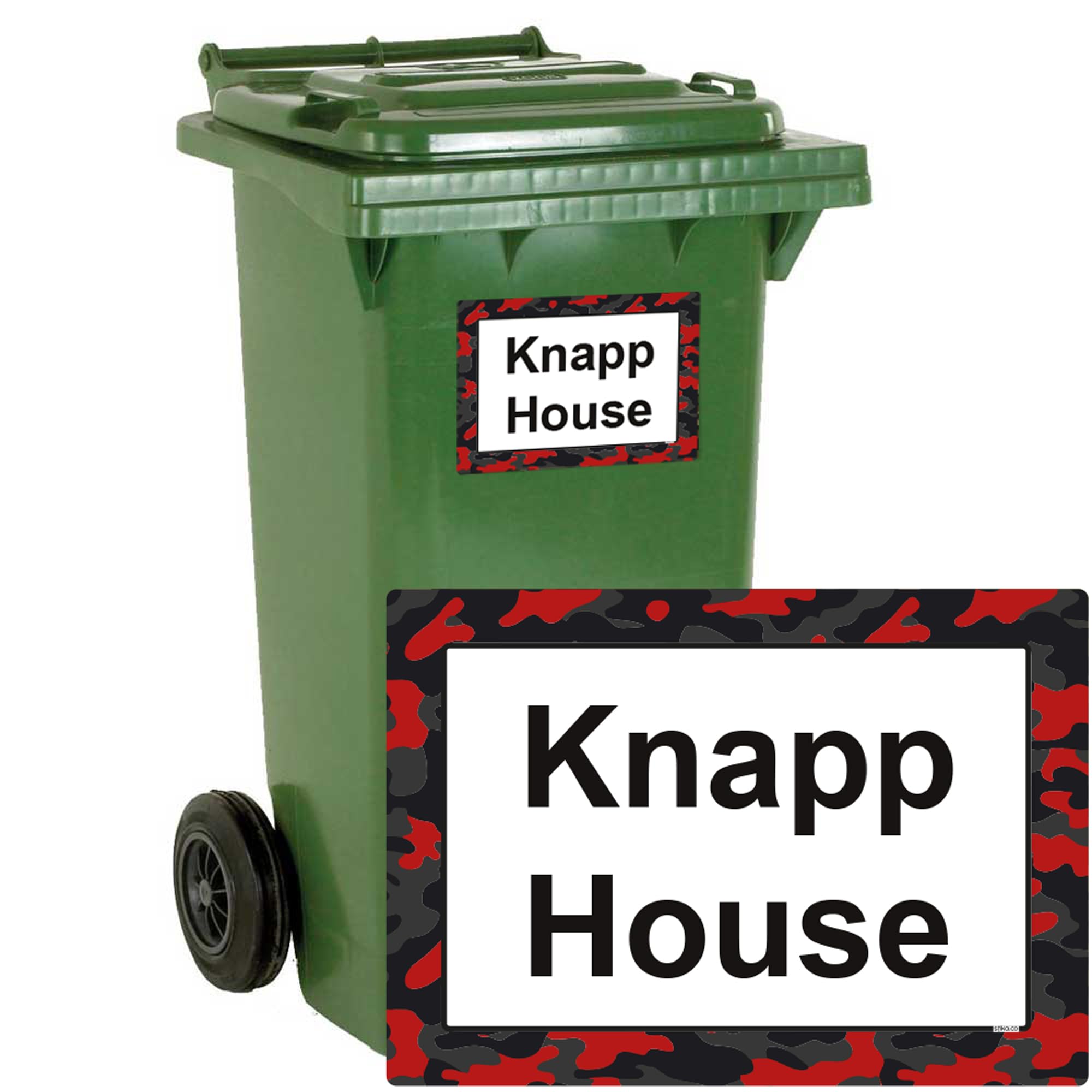 stika.co Pack of 4 Personalised Red Camouflage print Wheelie bin stickers, House Number and Street Name for Bin containers (A3-420 x 297mm, White Vinyl)