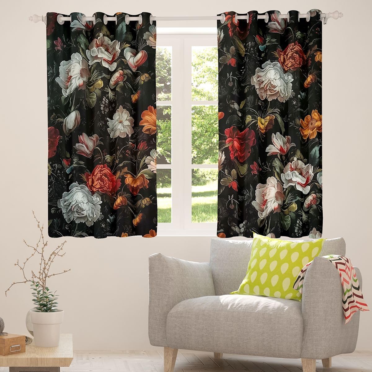 Red White Peony Floral Blackout Curtains for Bedroom Living Room Boho Oil Painting Design Window Curtains 2 Panels 42"Wx90"L Bohemian Garden Flower Drapes,Botanical Plant Window Treatments