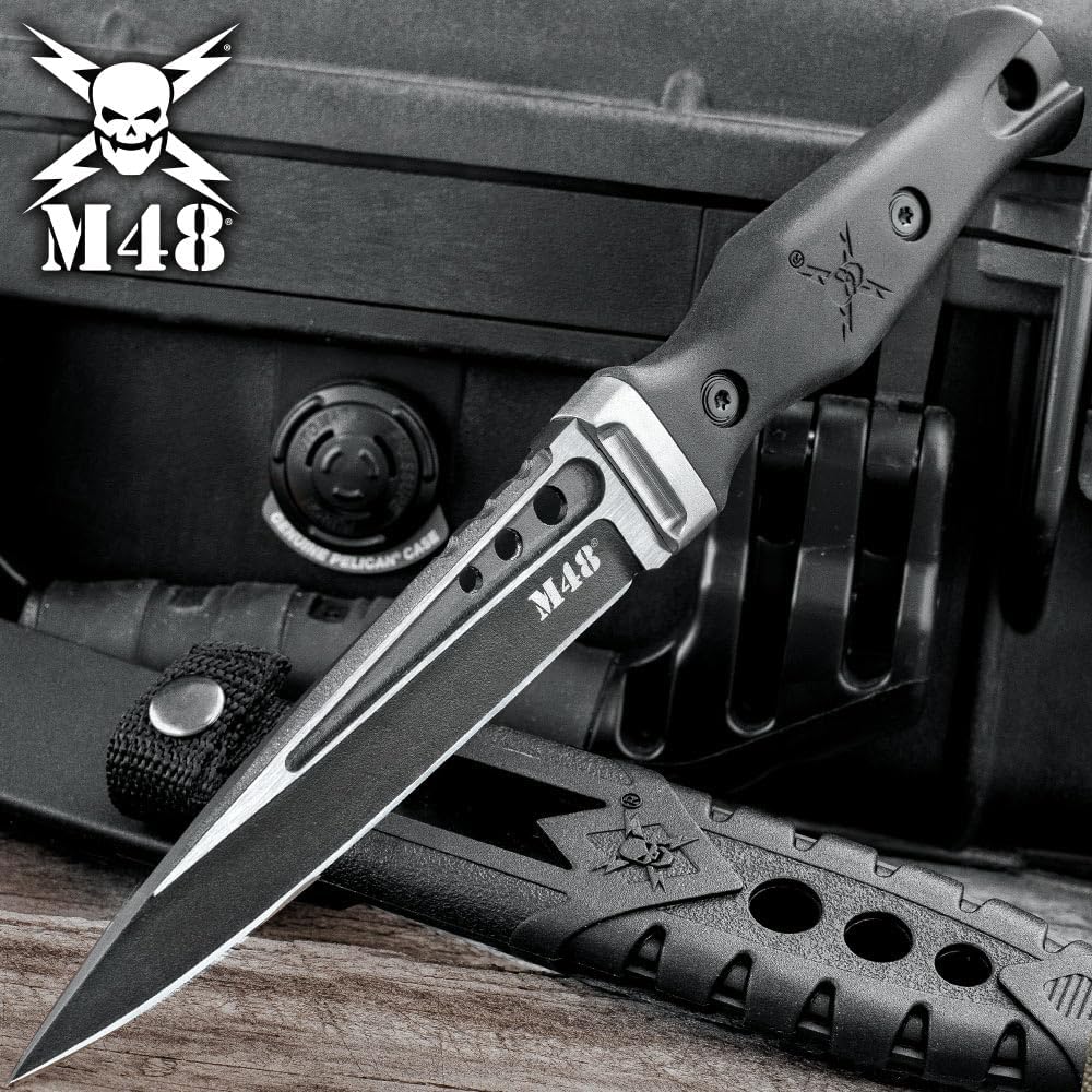 M48 Highland Sgian with Sheath | 5 1/4" Black Oxide-Coated Cast Stainless Steel Blade | Three Through-Holes | Contoured Black TPR Handle | Molded Vortec Sheath with Nylon Strap | 9 1/2" Overall