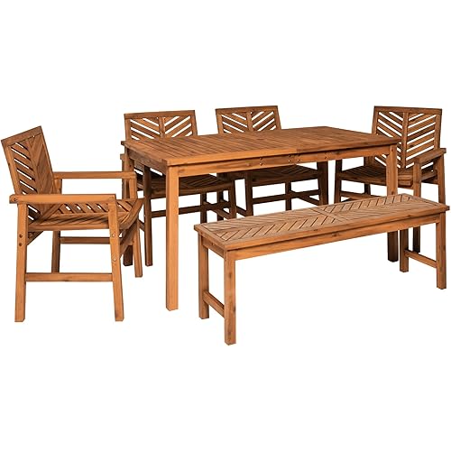 Walker Edison 7 Person Outdoor Wood Chevron Patio Furniture Dining Set Table Chairs Bench All Weather Backyard Conversation Garden Poolside Balcony, 6 Piece, Brown