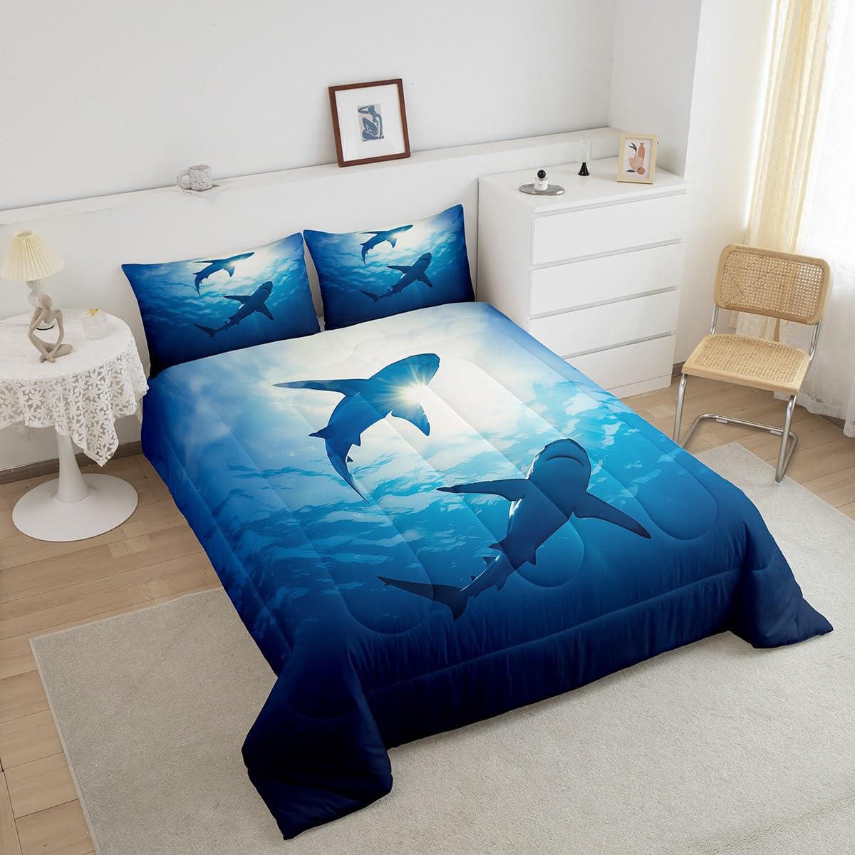 Ocean Themed Comforter Set Full, Boys Shark Bedding Comforter Sets, Marine Life Bedding, Underwater World Down Comforter, Blue Sea Wave Fish Decor Duvet Insert Soft Microfiber with 2 Pillow Cases