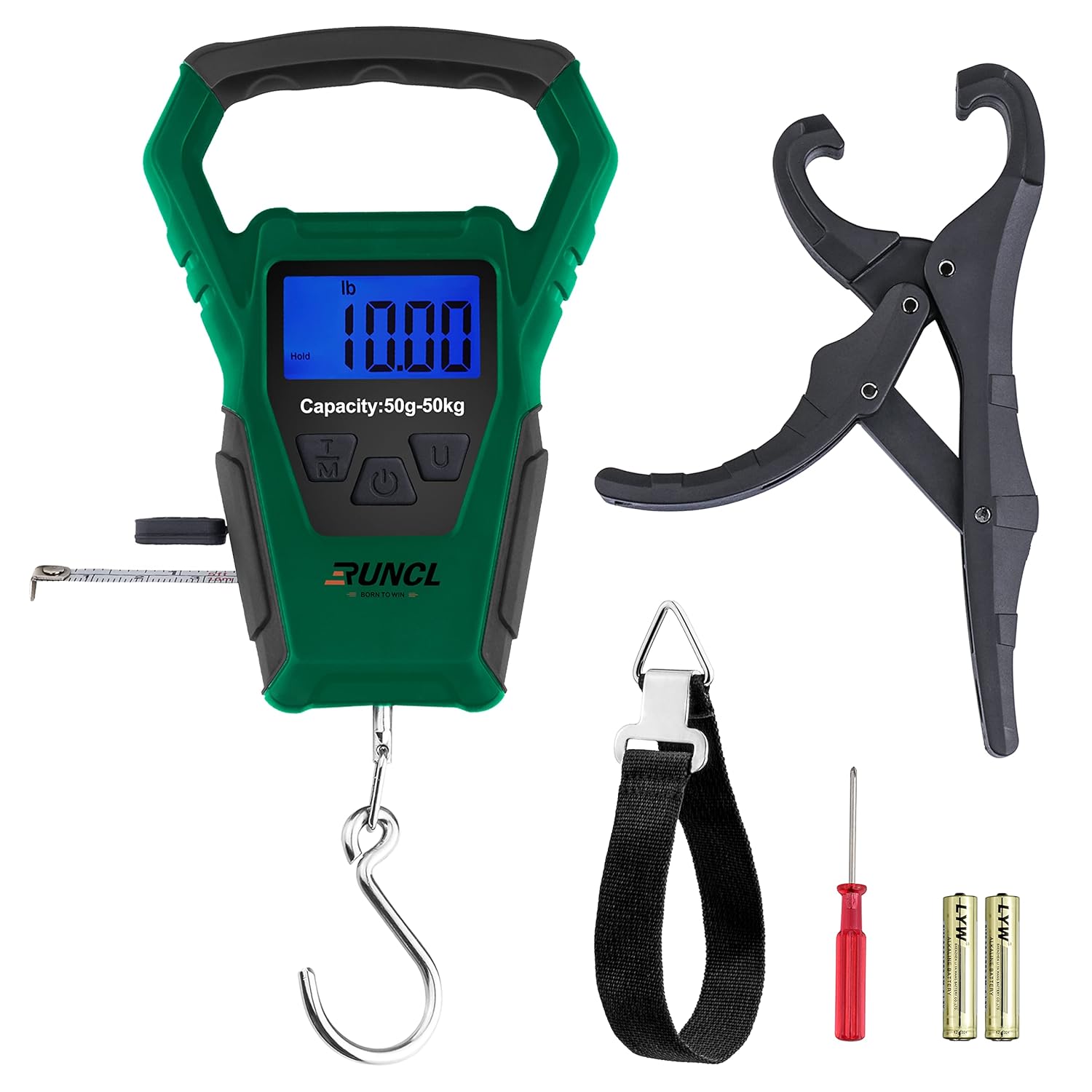 RUNCL Waterproof Fishing Scale with Lip Gripper, Digital Hanging Scale with 40 Inch Built-in Tape, Three Mode-LB/OZ/KG, Non-Slip Big Handle, 110 lb/50kgs, Memory Storage, Backlit LCD Display(Green) : Sports & Outdoors