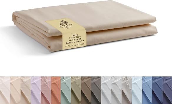 Linen Home 100% Cotton Percale 1 Flat Sheet, Twin Size - Crisp, Cool and Strong Bed Linen, Luxury Breathable Sheet, Ivory