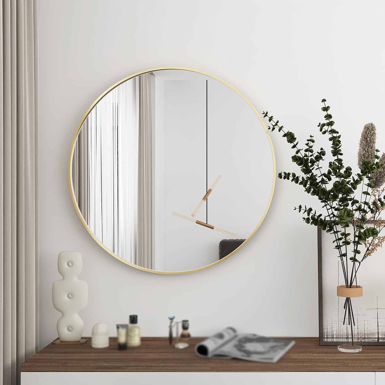 BKSXSOP Bathroom Mirror Wall Mounted Round Mirror, Modern Black HD Glass Vanity Enhance Your Style, Suitable for Bedroom Hallway, Barber Shop