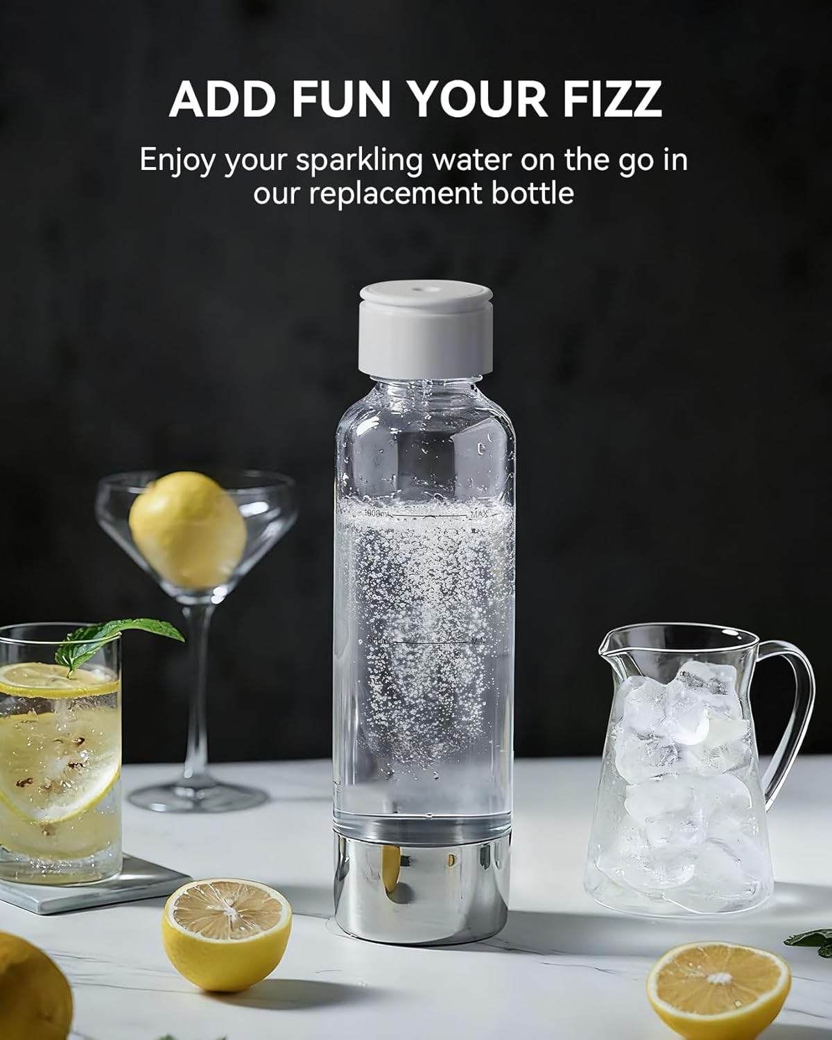 MOKKOM Sparkling Water Maker Stainless Steel & 1L Reusable Soda Maker Bottle