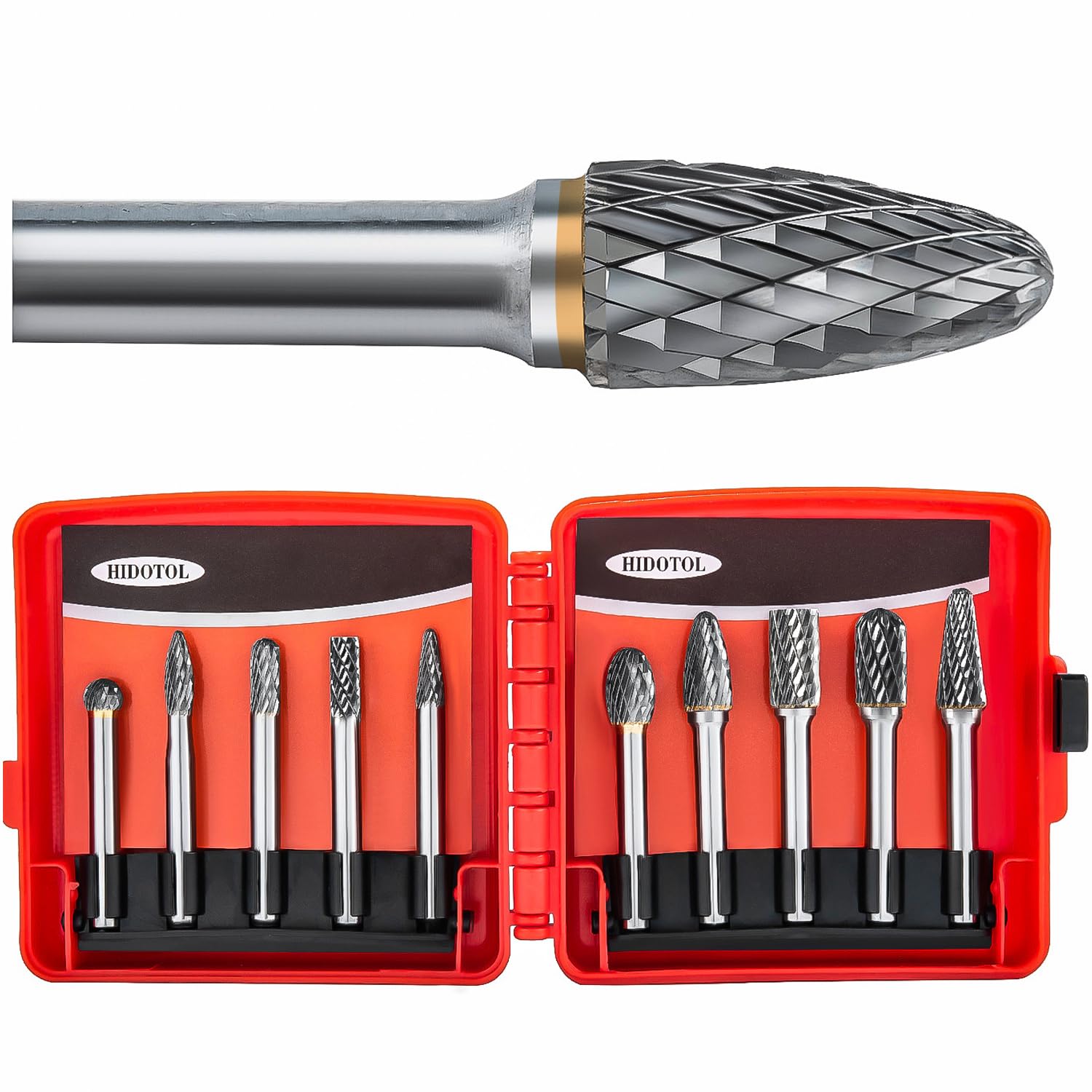 HIDOTOL Carbide Burr Set 1/4" Shank 10PC Tungsten Double Cut Carbide Rotary Burr Set for Metal and Wood Carving, Grinding, Polishing, Engraving, Drilling in Plastic Box.