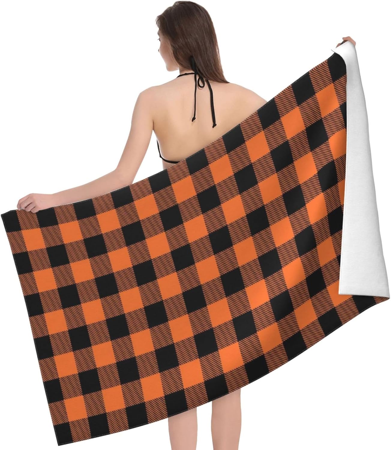 Halloween Orange Black Plaid Beach Towel, Aldult Large Quick Dry Swim Bath Towels, Halloween Theme Beach Accessories Microfiber Pool Yoga Towels 30×60 Inch/ 77X153cm
