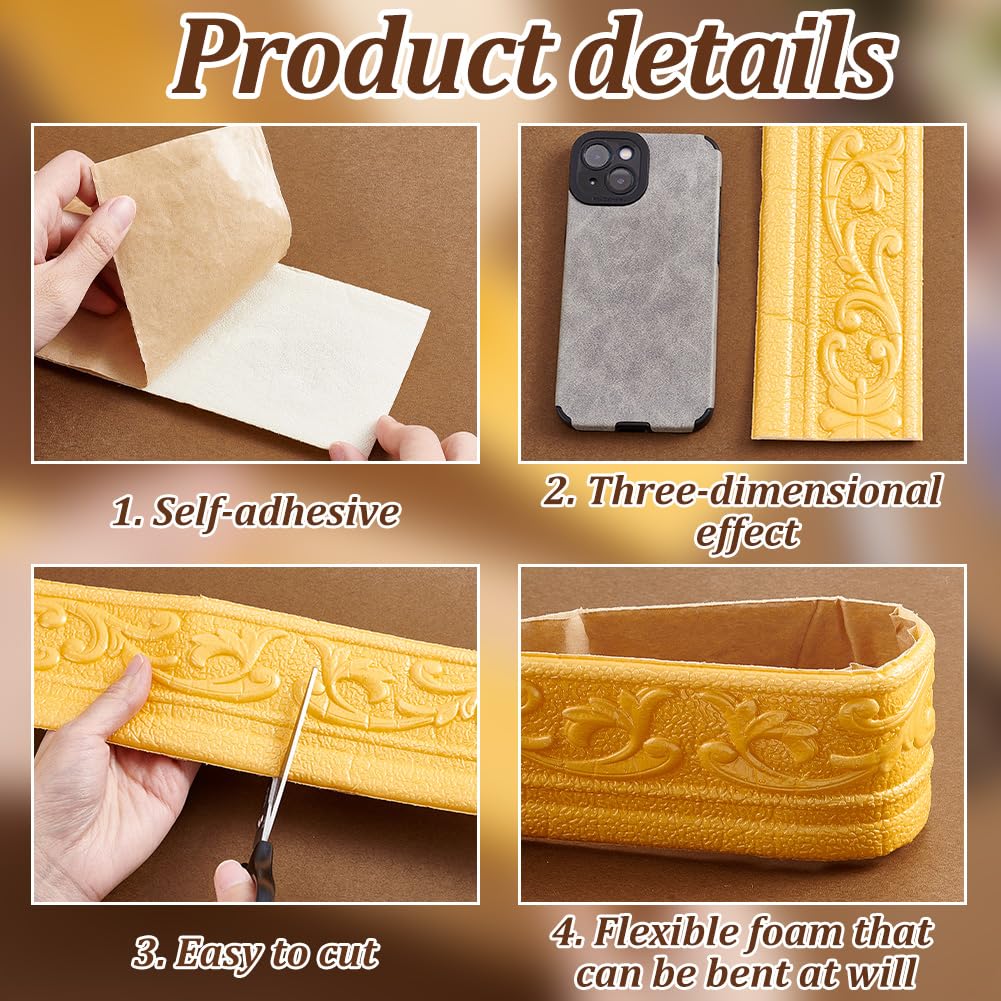 nbeads 10M Bordure en Mousse Autocollante, 7.8cm de Large Bordure de Papier Peint Décorative Plinthe Murale en Mousse pour Hôtel et Maison Décoration à Faire Soi Même, Or