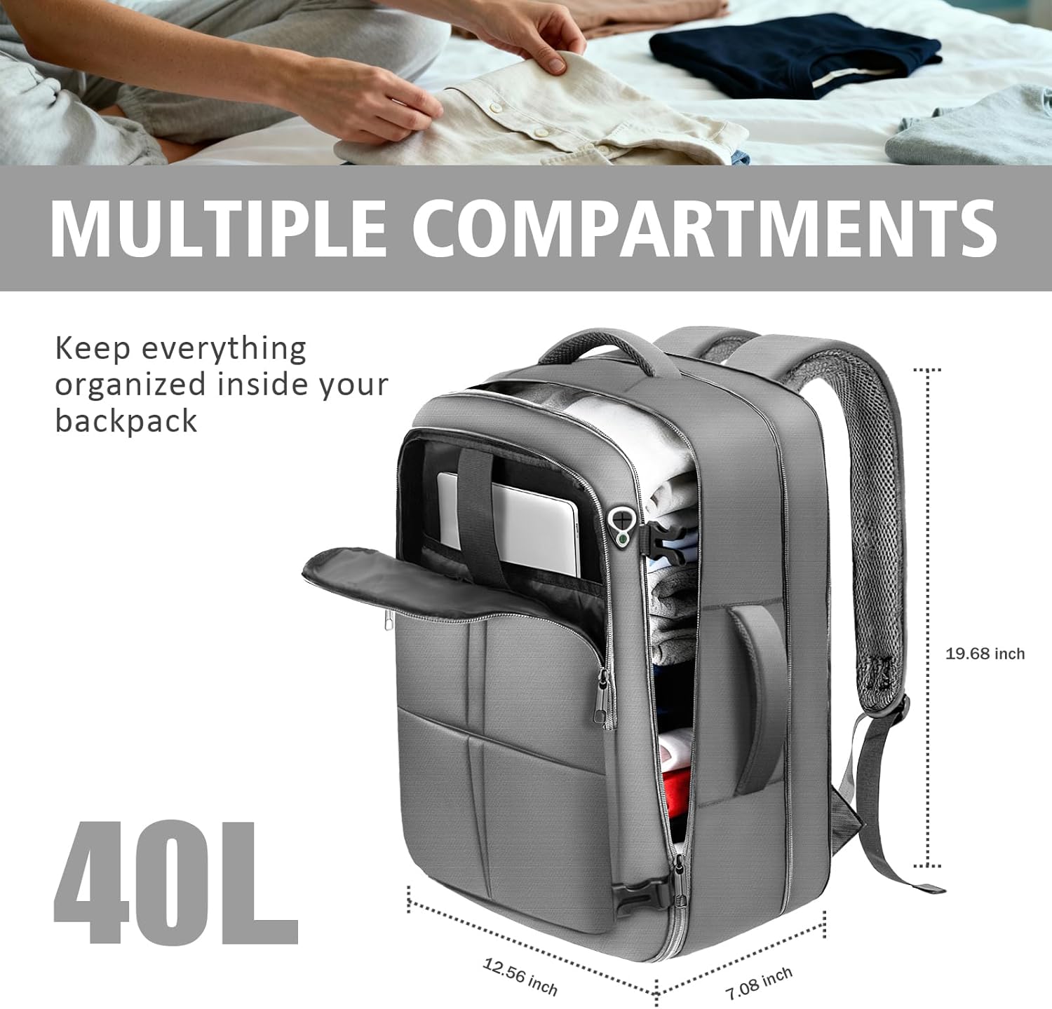 Travel Backpack, Extra Large 50L Flight Approved Carry on Backpack, Expandable Waterproof Business Suitcase Daypack Big Bag Fits 18.4 Inch Laptop, Grey - Image 3