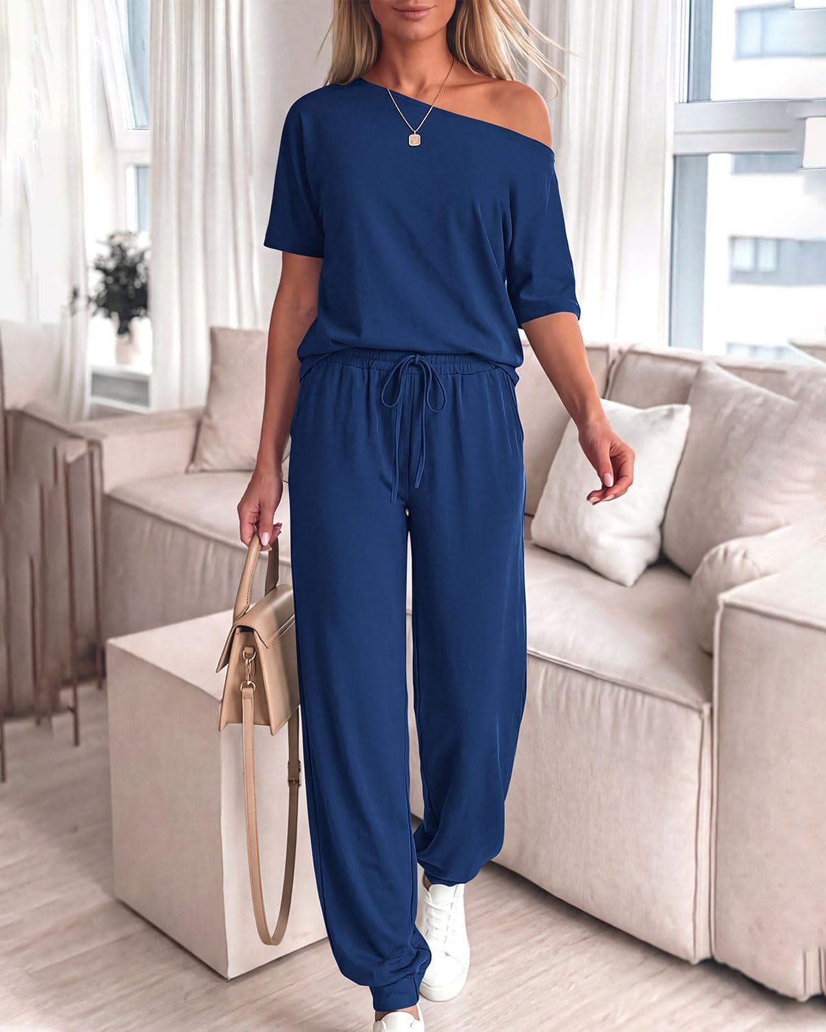 Zenlonr Women Summer 2 Piece Outfits 2026 Off Shoulder Short Sleeve Tops Elastic Waist Drawstring Long Pants Tracksuit - Image 5