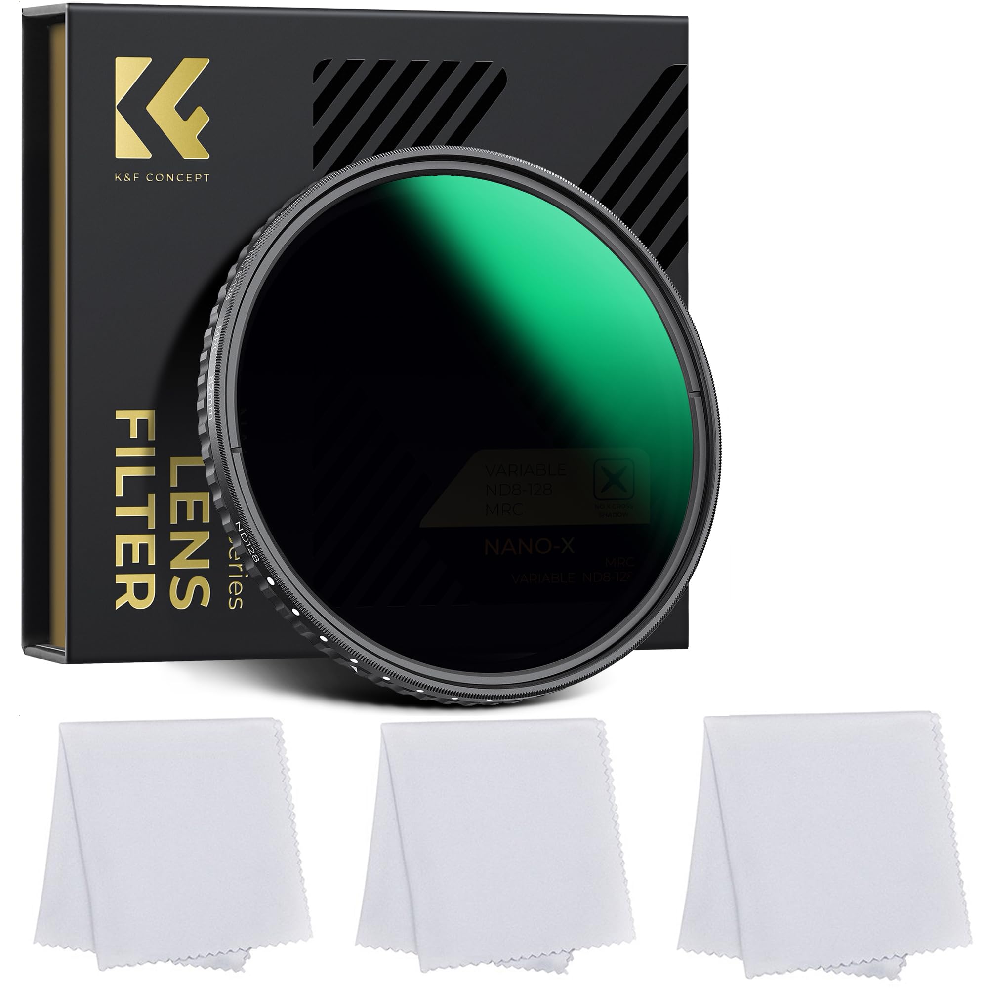 K&F Concept Nano-Xcel Filtre ND variable ND8-128 (3-7 arrêts) HD hydrophobe VND pour objectif d'appareil photo NO Spot X Noir Verre optique multicouche ultra fin + chiffon de nettoyage en microfibre