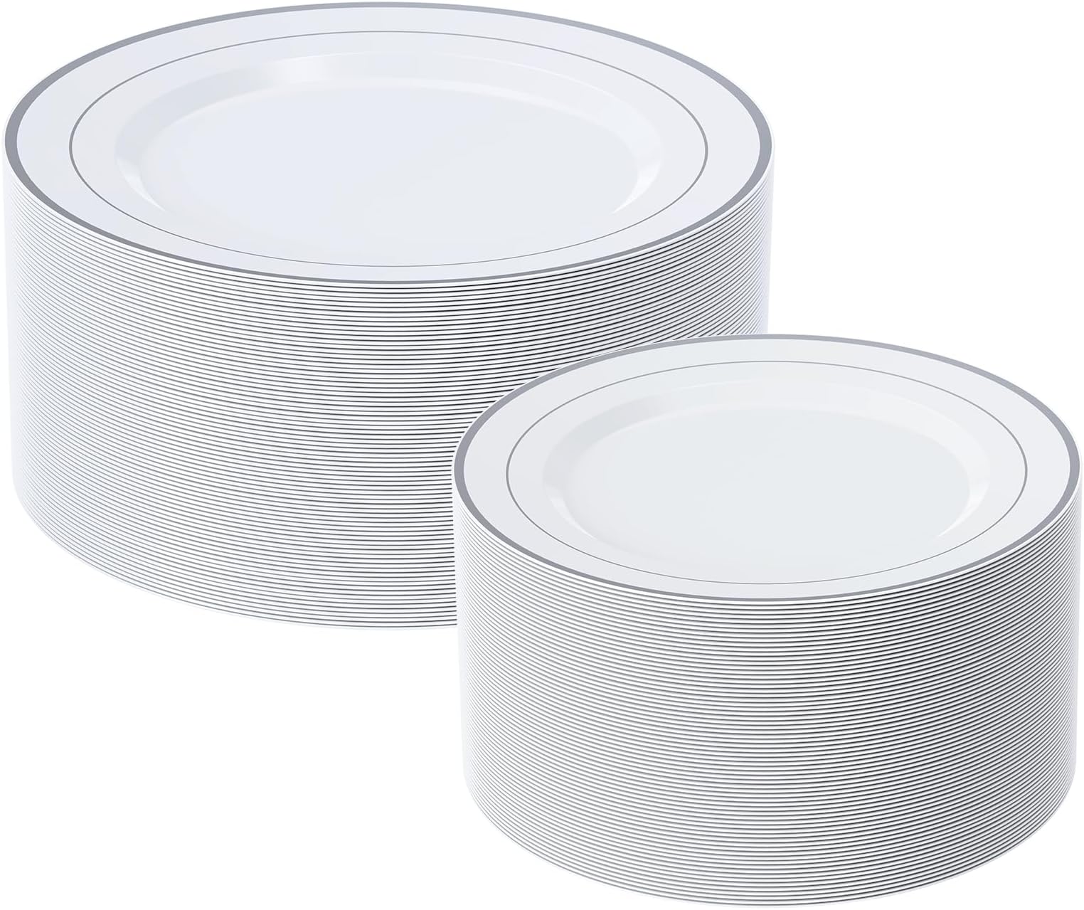 FOCUSLINE Silver Plastic Plates Set of 60, Disposable Plates with Silver Rim 30 Dinner Plates 10" and 30 Salad Dessert Appetizer Plate 7", Elegant Fancy Heavy Duty Wedding Party Plates