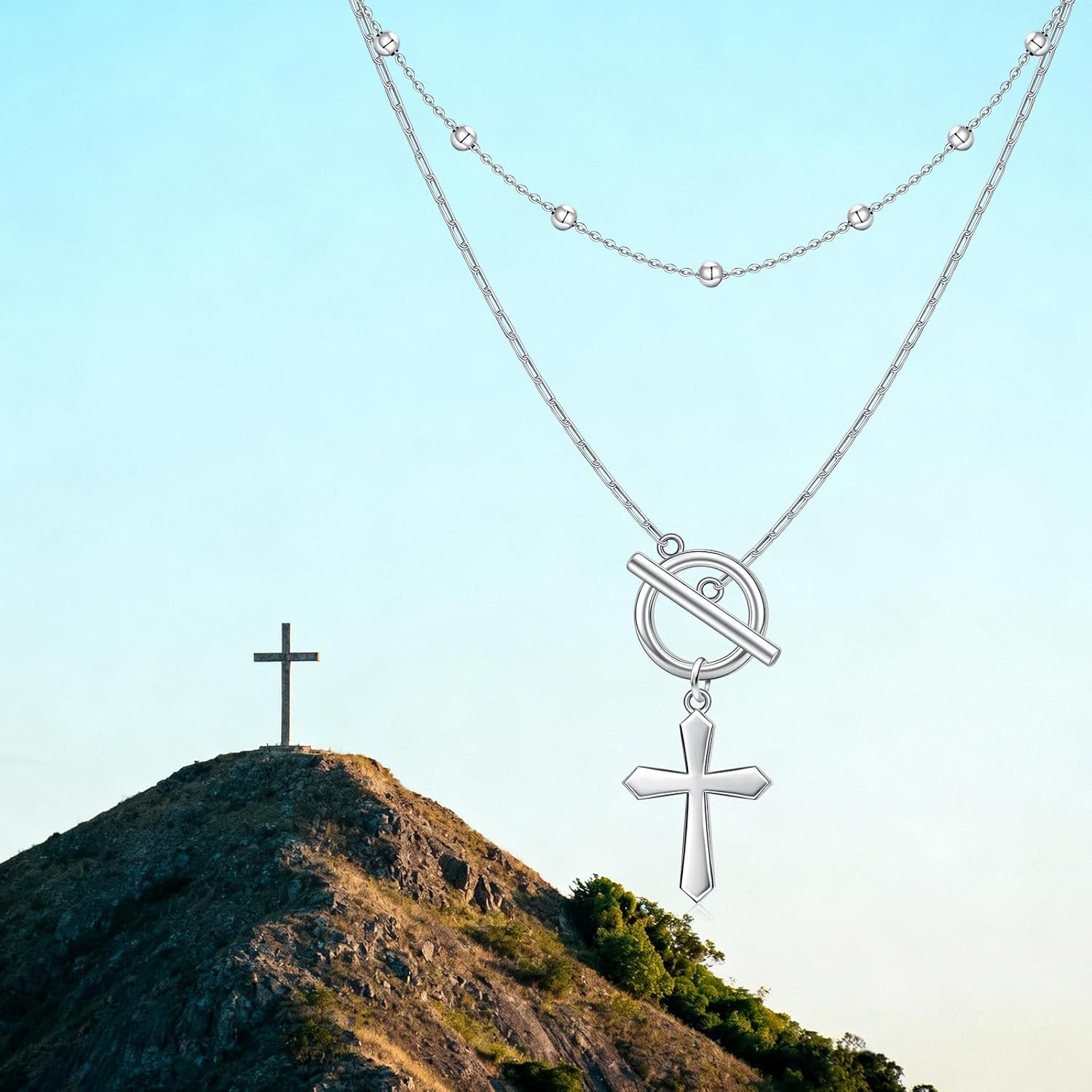 Toggle Necklace for Women Sterling Silver Cross Paperclip Double Chain Necklace Cross Religious Dangle Jewelry Mothers Day Birthday Gifts - Image 4