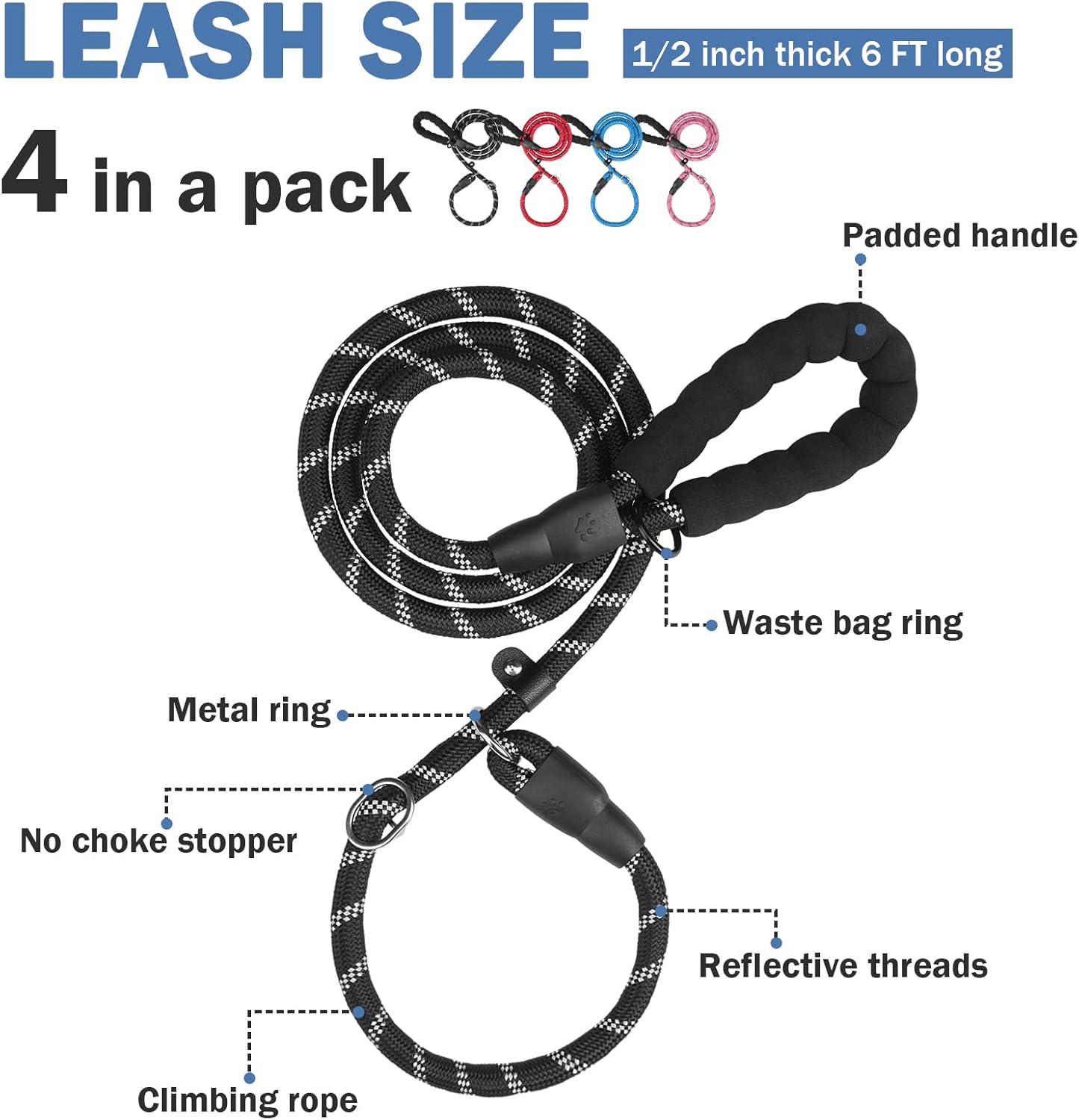 HOMIMP Slip Lead Dog Leash 6 FT - Reflective 4 PCS Bulk Color Heavy Duty Rope Dog Leash for Small Medium Large Dogs Puppy - Soft Long Padded Handle Thick Dog Leashes for Shelter, Vet, Training