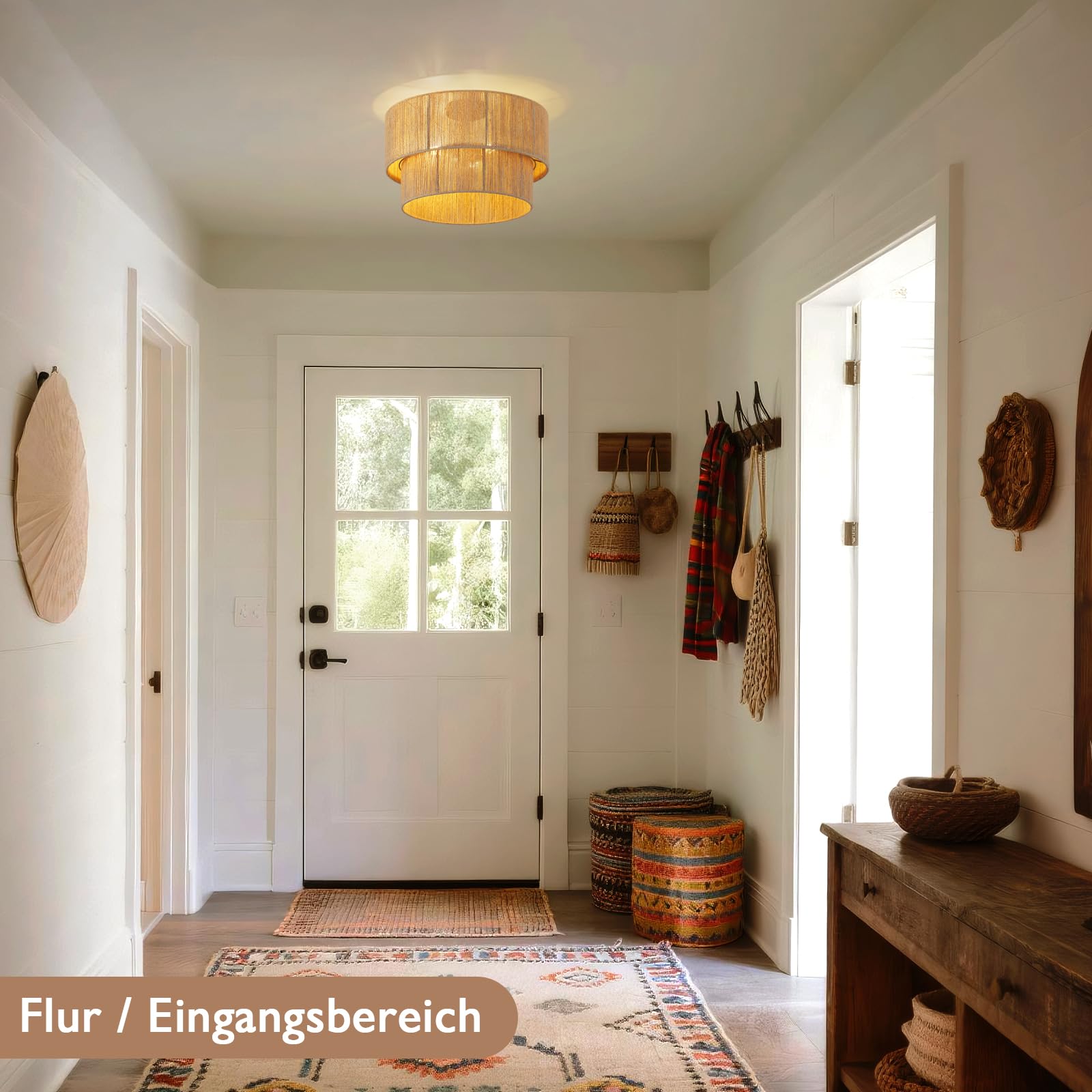 CALOKES Boho Deckenleuchte aus Juteseil Ø45cm – 3-flammige Rattan Deckenlampe mit Korb-Look für Wohnzimmer Schlafzimmer Esszimmer Flur – Deckenlampe E27 (ohne Leuchtmittel)