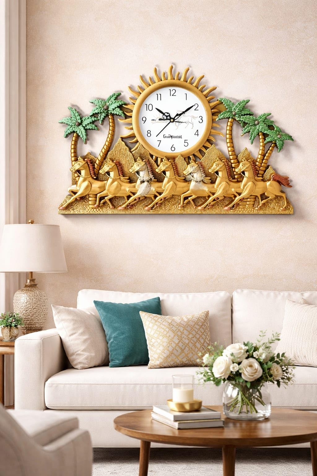 Traditional 7 Horse Big Size Surya Rath Wall Clock– Silent Wall Clock for Hall, Bedroom, Living Room, Home & Office (Gold)-image-33