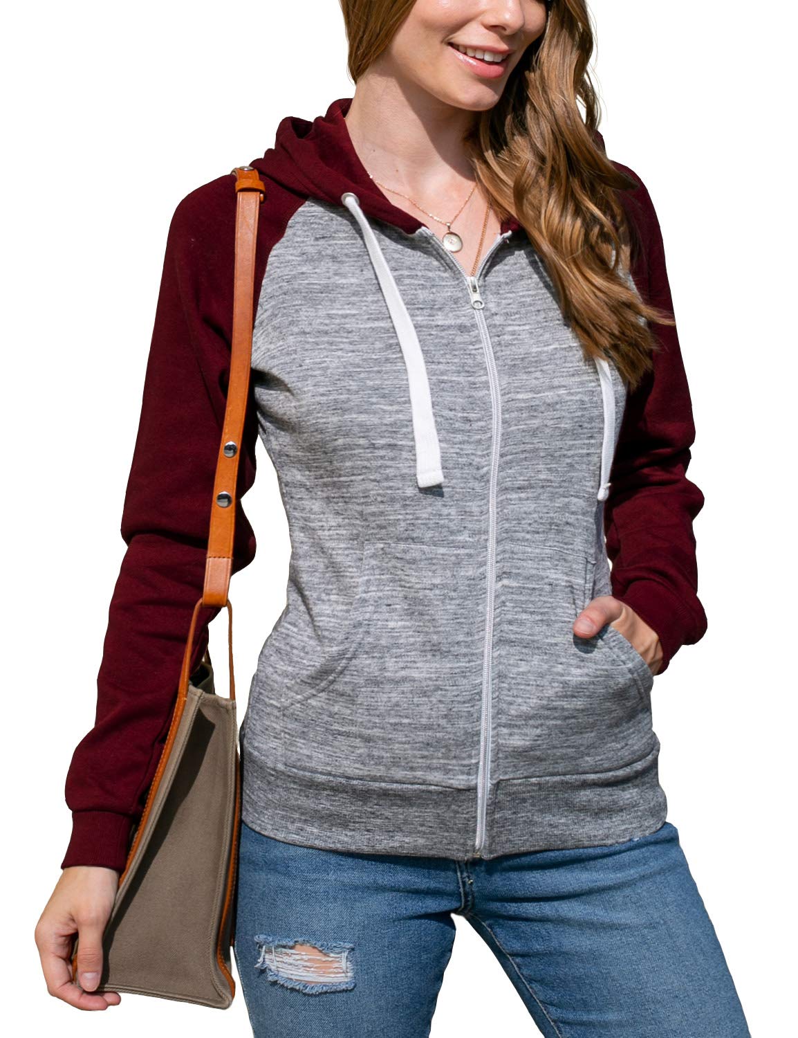 DOUBLJU Women's Lightweight Zip-Up Hoodie - Thin 3-Color Block Jacket With Plus Sizes - View #5