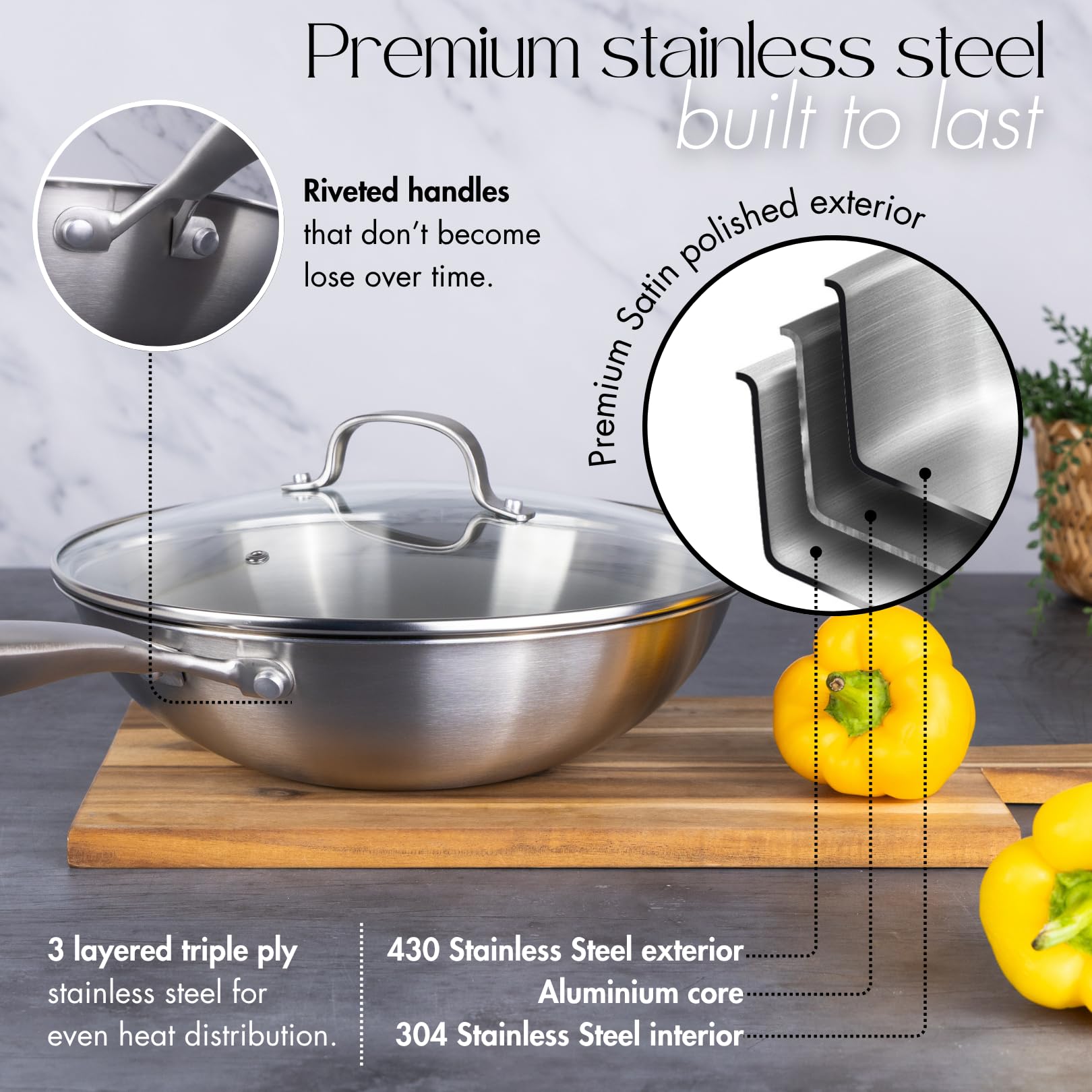 Juego de ollas y sartenes de acero inoxidable – Sartén wok de 28 cm – Utensilios de cocina de inducción – Apto para horno