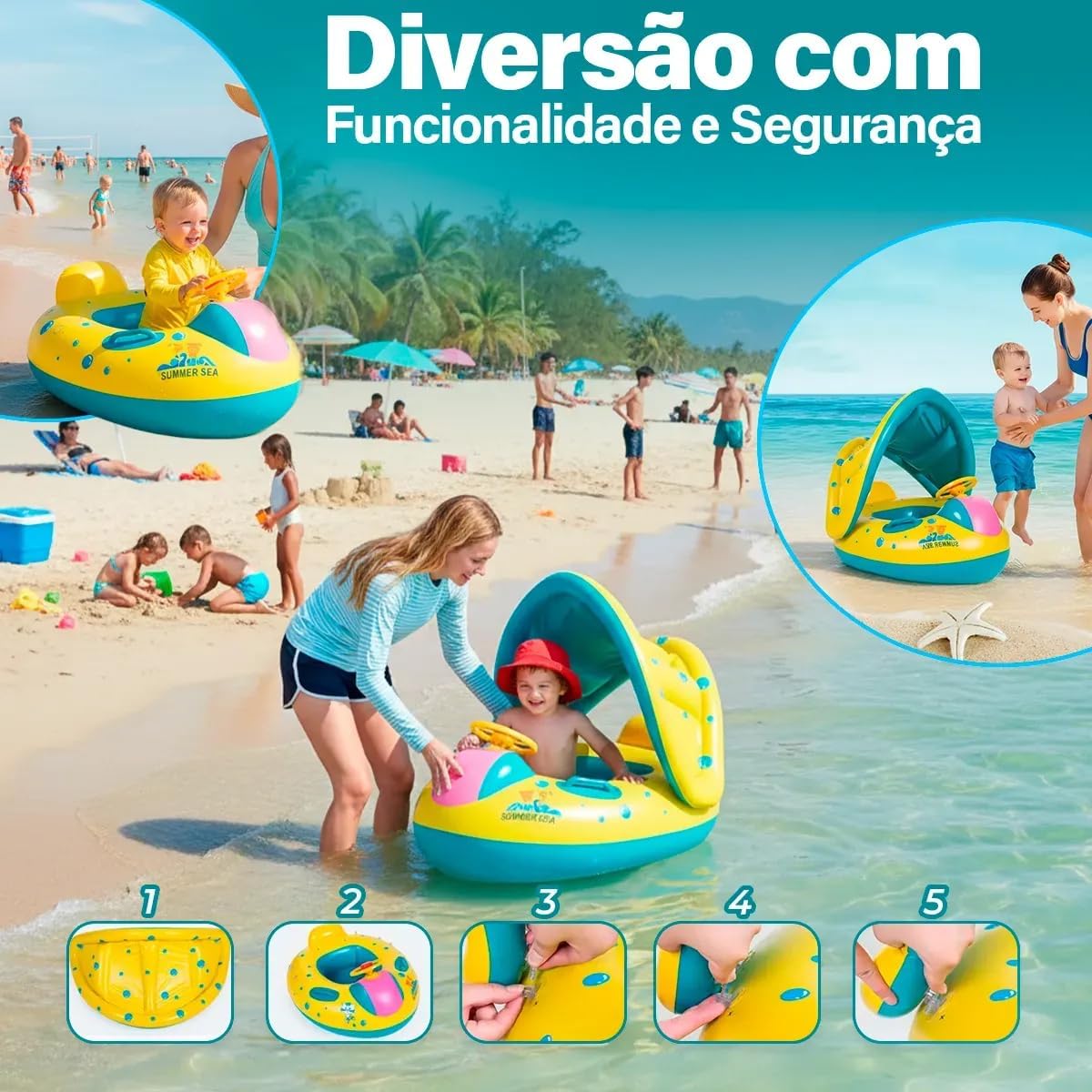 Infant Pool Baby Inflatable Boat with Footboard and Protective Cover for Kids 6 Months to 3 Years