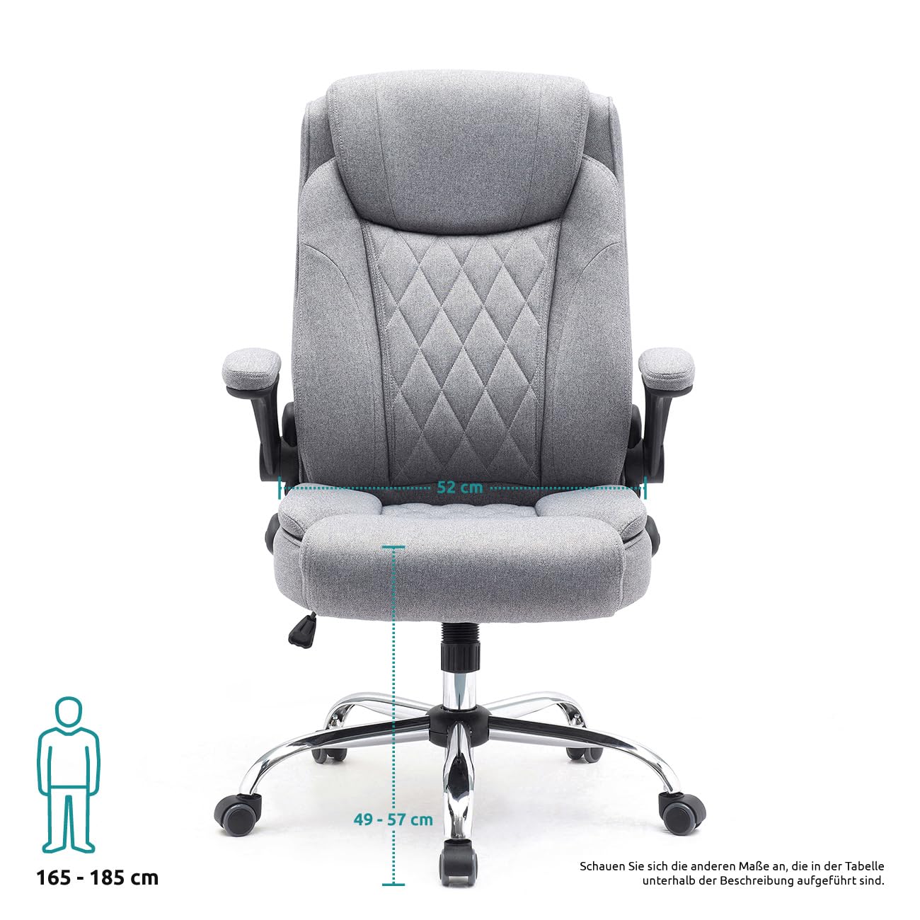 Stoff-Bürostuhl Comfortable, ergonomischer Drehstuhl bis 130 kg, mit klappbaren Armlehnen, Schreibtisch Stuhl mit Hohe Rückenlehne, grau