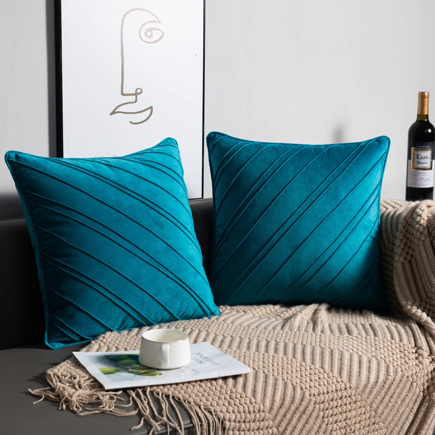 Velvet Cushion Covers Soft Decorative Twill Hemming Square Teal Throw Pillow Cases 40cm x 40cm for Living Room, Bed, Sofa Set of 2