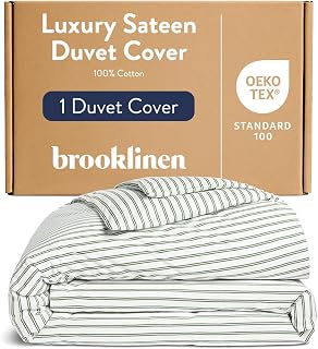 Brooklinen Sateen Duvet Cover Luxury Softness - Full/Queen, Green Stripe | Silky-smooth 100% cotton sateen duvet cover, soft & hotel-quality; corner ties & button closure secure your insert.