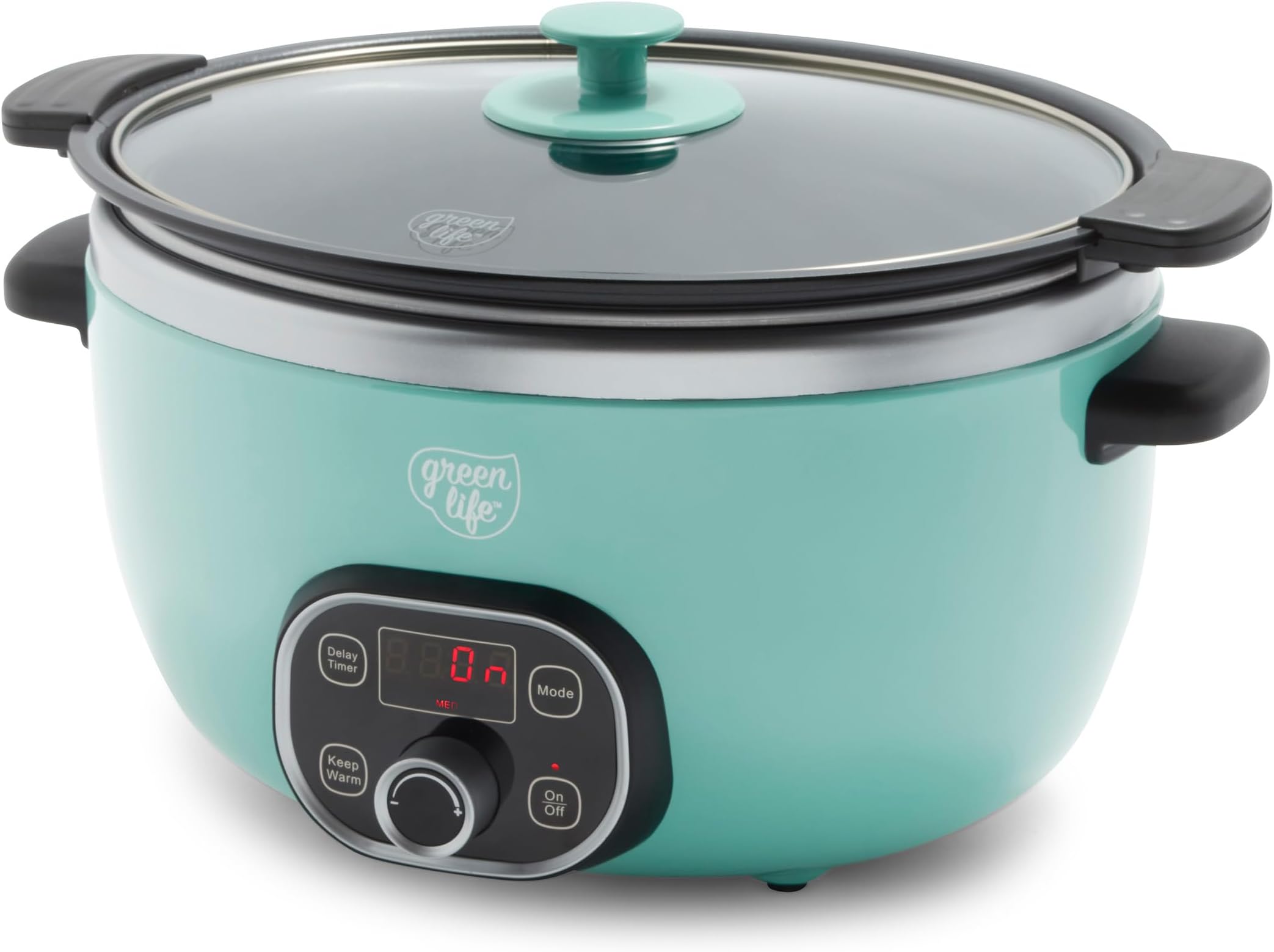 6 QT Ceramic Slow Cooker, PFAS-Free, Programmable, Removable Healthy Nonstick Pot for large families, Sear on Stovetop, Keep Warm, Digital Timer, Dishwasher Safe Glass Lid & Crock, Turquoise