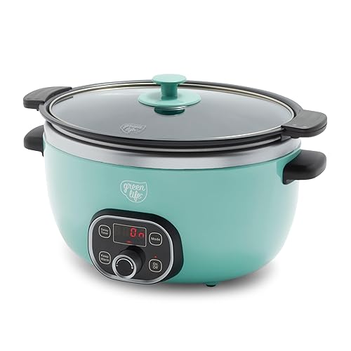 GreenLife 6QT Ceramic Slow Cooker, PFAS-Free, Programmable, Removable Healthy Nonstick Pot for Family Meals, Sear on Stovetop, Keep Warm, Digital Timer, Dishwasher Safe Crock, Turquoise - 6 Quarts - Turquoise
