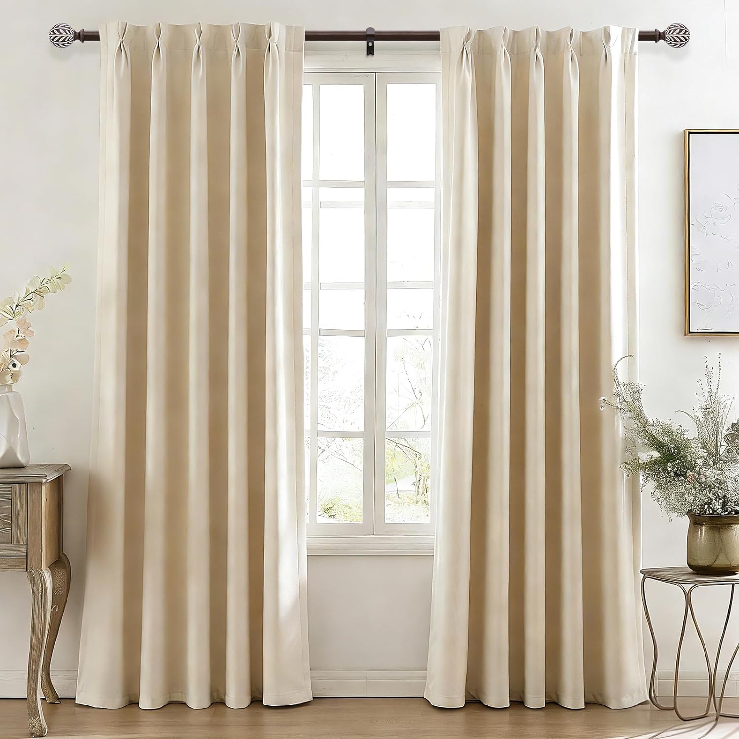 2 Pack Boho Wood Curtain Rod, Walnut Decorative Curtain Rods for Windows 30 to 56 Inch with Handmade Wood Grain Leaf Finials, 1 Inch Adjustable Heavy Duty Window Treatment Rods, Easy Install