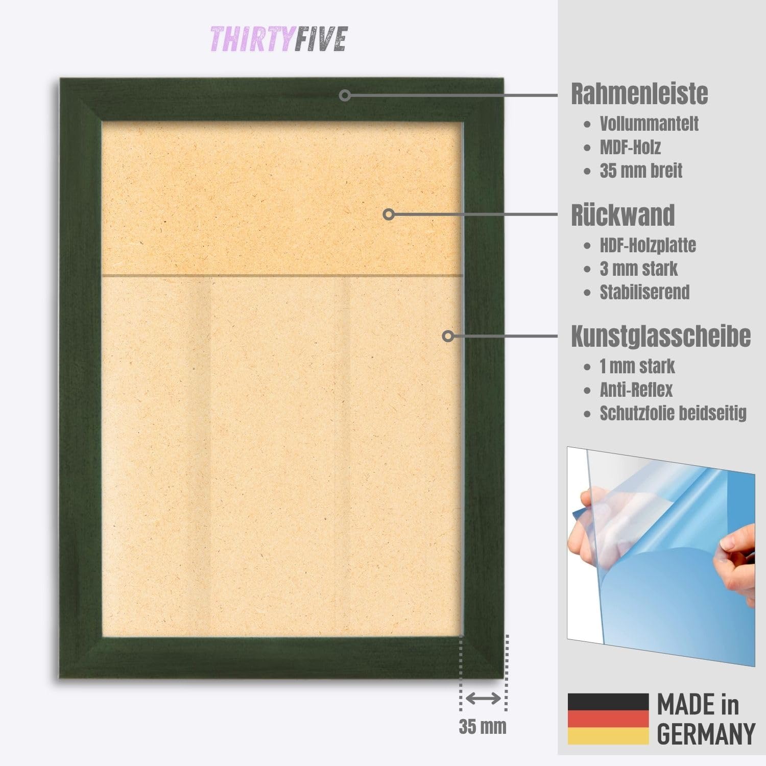 Online-GalleryKing OGK Thirtyfive - Bilderrahmen 55x75 cm Grün gewischt mit MDF Holz Rahmen vollummantelt, Anti-Reflex Kunstglas 1 mm und HDF Rückwand 3 mm - Fotorahmen für Hoch- und Querformat