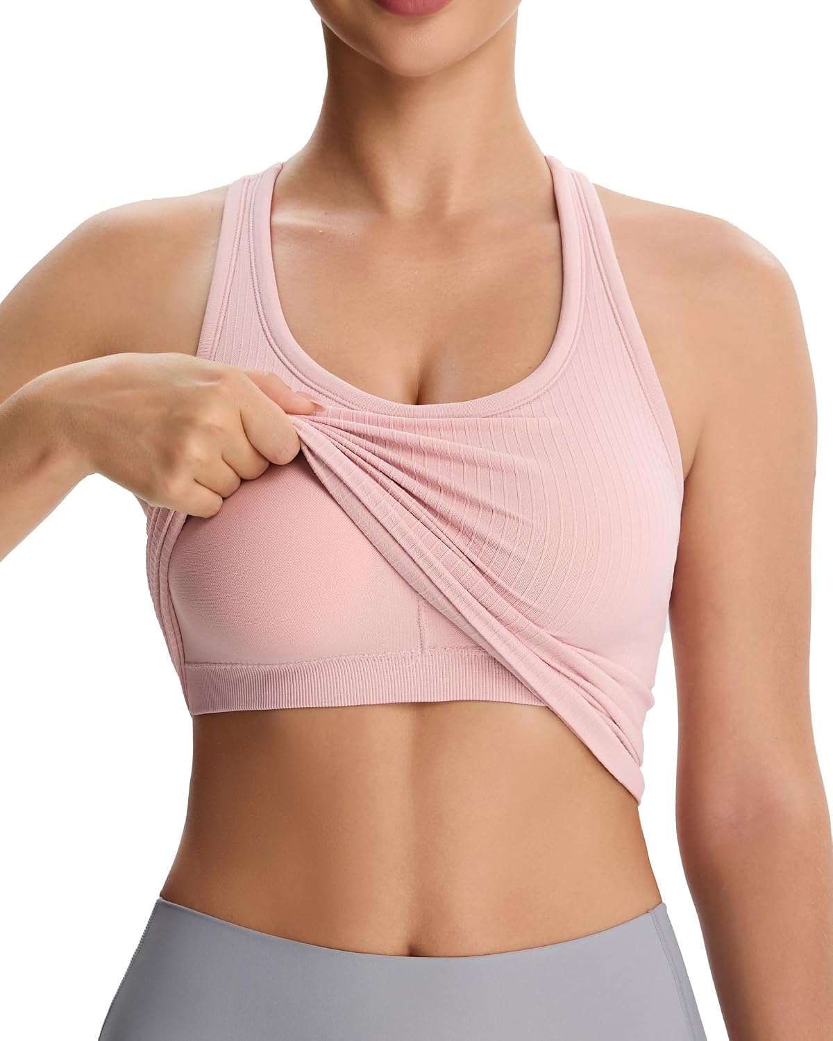 Seamless Racerback Sports Tank Top for Women - Ribbed Padded Workout Camisole with Built-in Bra for Yoga Gym Running Fitness