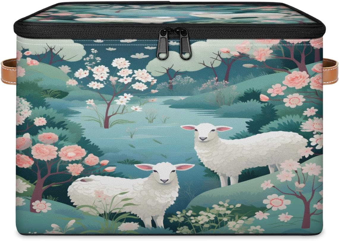 Storage Bin Set of 2 Cute Sheep Flower Storage Basket with Zipper Lid & Handle Foldable Closet Shelf 2 Pack Cloth Organizer Basket Cube Bins Clothes Organizer for Bedroom, Nursery