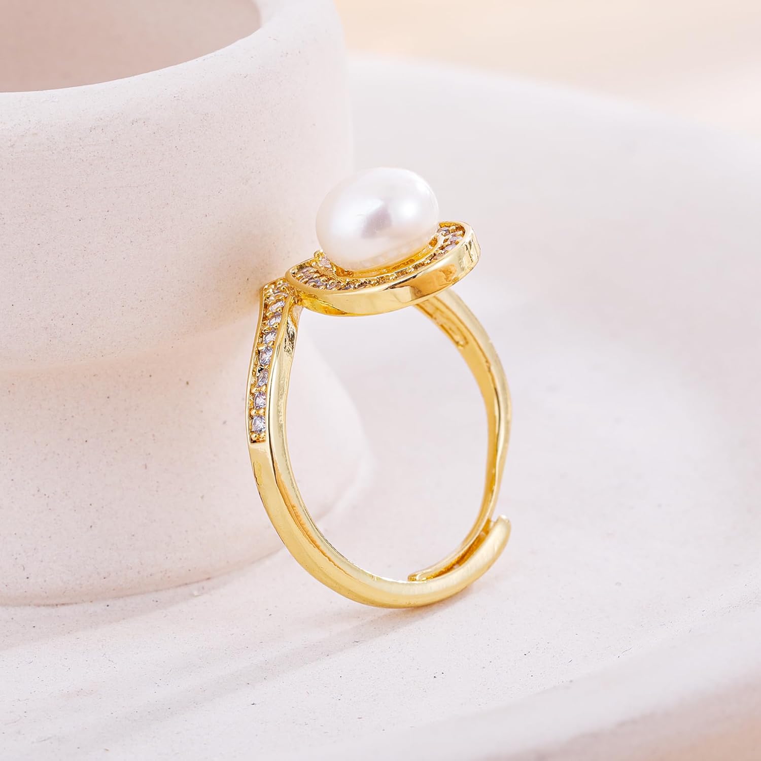 14k Gold Plated Freshwater Pearl Ring, Handmade Adjustable Open Ring for Comfortable Fit Gift Idea for Women & Teen Girls - Image 4
