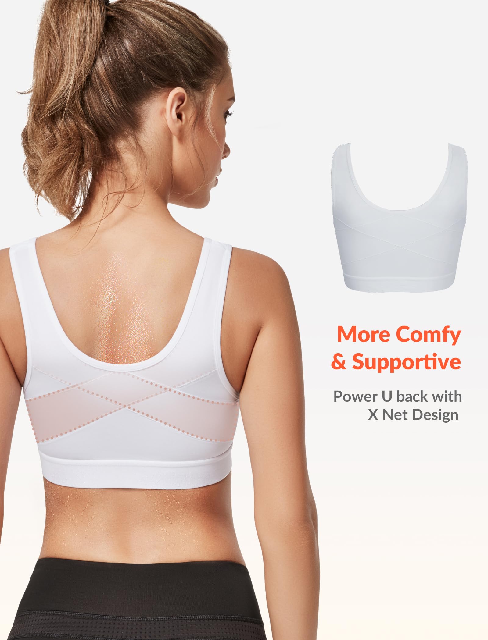 Yvette Sujetador deportivo de alto impacto - Sujetador deportivo con cremallera frontal para mujer, Blanco, 90B