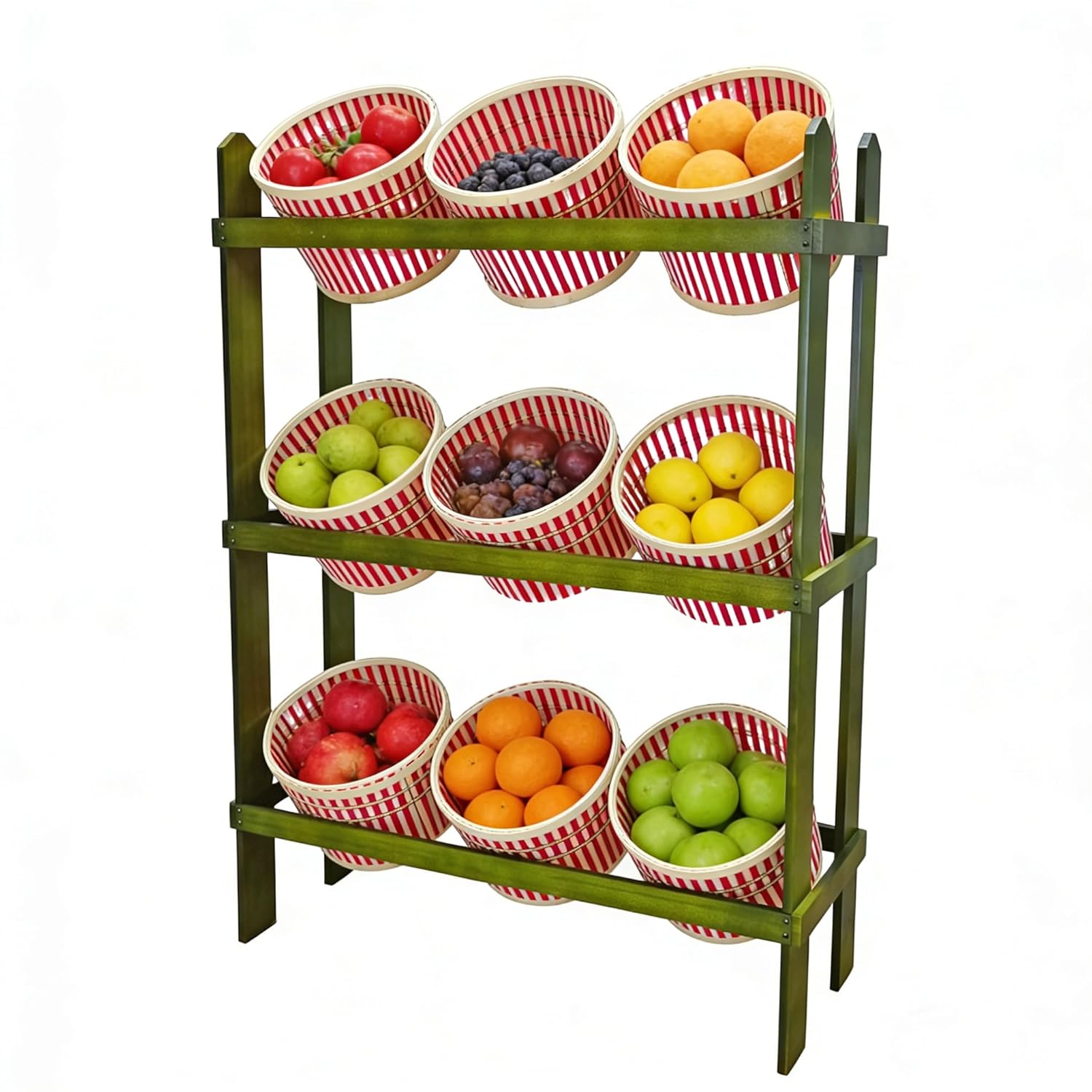 FixtureDisplays® 38.5" x 44.0" x 11.3" Tiered Wooden Display, Floorstanding, 9 Baskets - Green & Oak 19397 19397