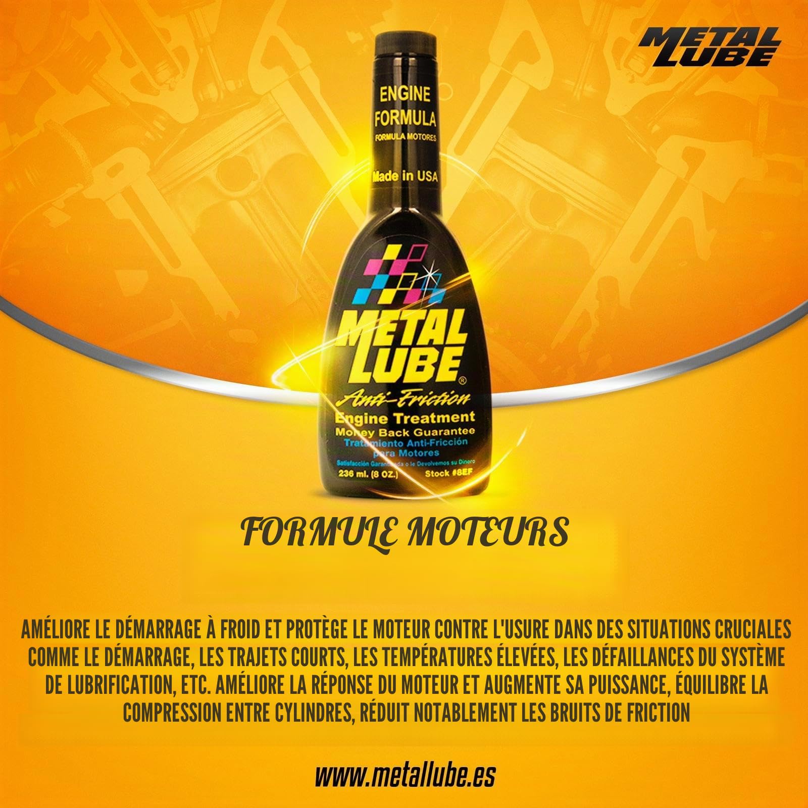 Metal Lube Formule Moteurs – Additif Anti-Friction pour Voitures Essence et Diesel, Réduit l’Usure, la Consommation et les Émissions, Améliore les Performances et le Démarrage – Flacon 236 ml