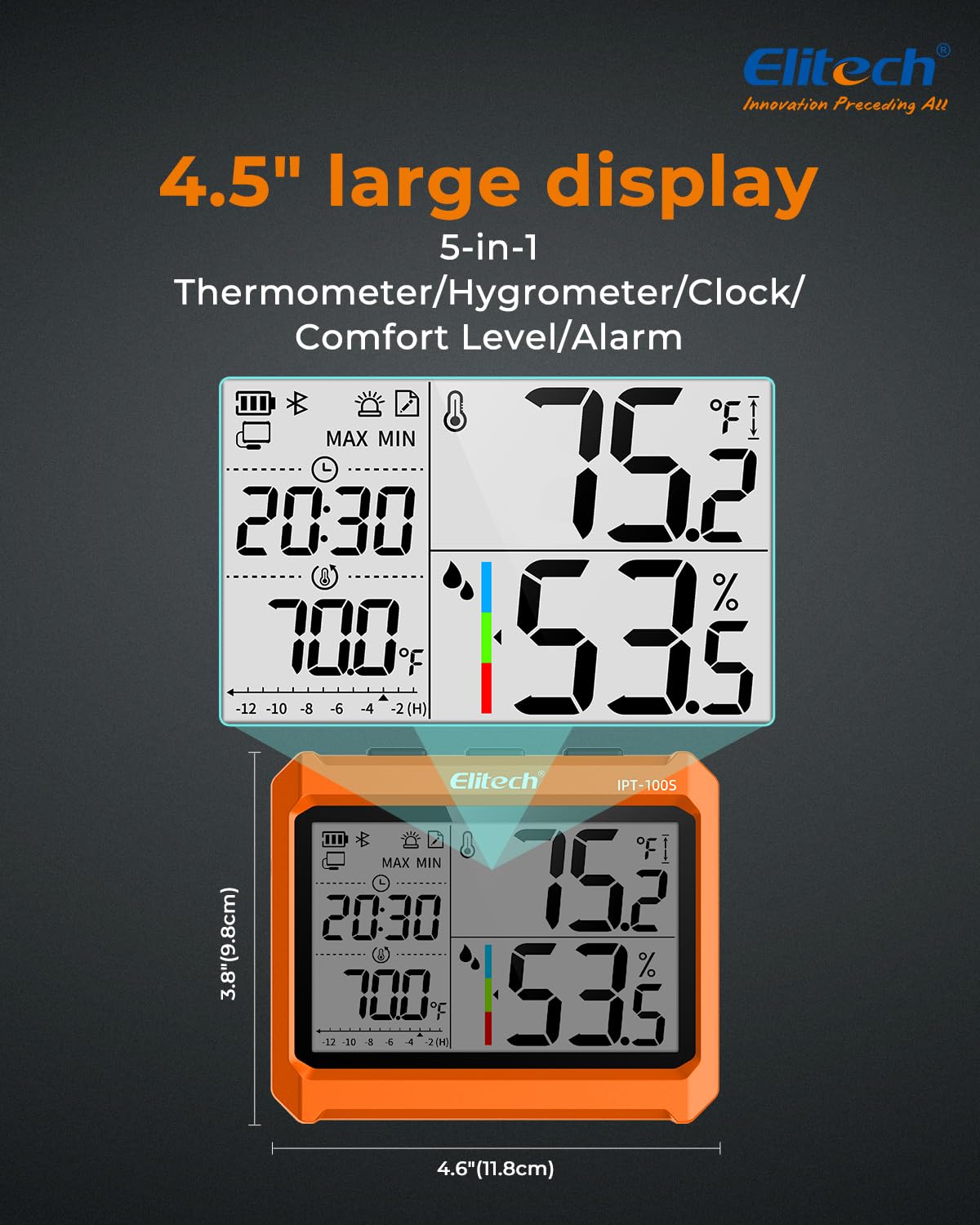 Elitech Thermomètre Hygromètre Bluetooth, Moniteur de Température et Humidité Digital 5000 Points de Données, Fonction Alarme pour Stockage Laboratoire Industrie Agriculture, IPT-100S