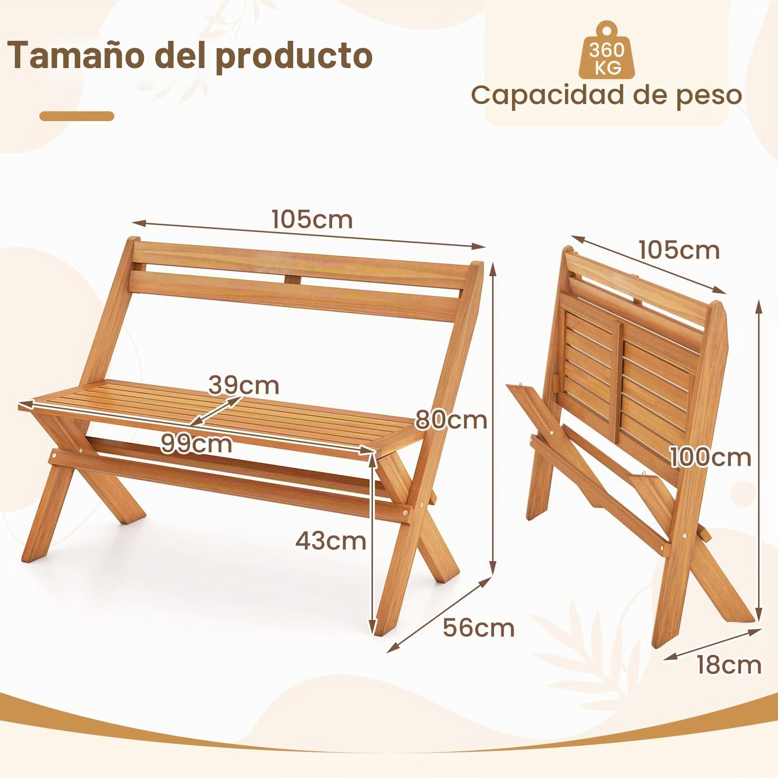 KOMFOTTEU Banco Plegable para 2 Personas, Madera de Acacia, Carga 360 kg | Asiento Exterior para Jardín, Porche, Balcón, Parque, 56 x 105 x 80 cm