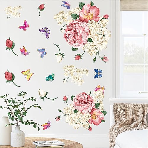 Miniatura 1 de Calcomanías de pared de flores, hermosas peonías, rosas, calcomanías de pared de acuarela, flores, mariposas, vinilo para despegar y pegar, plantas