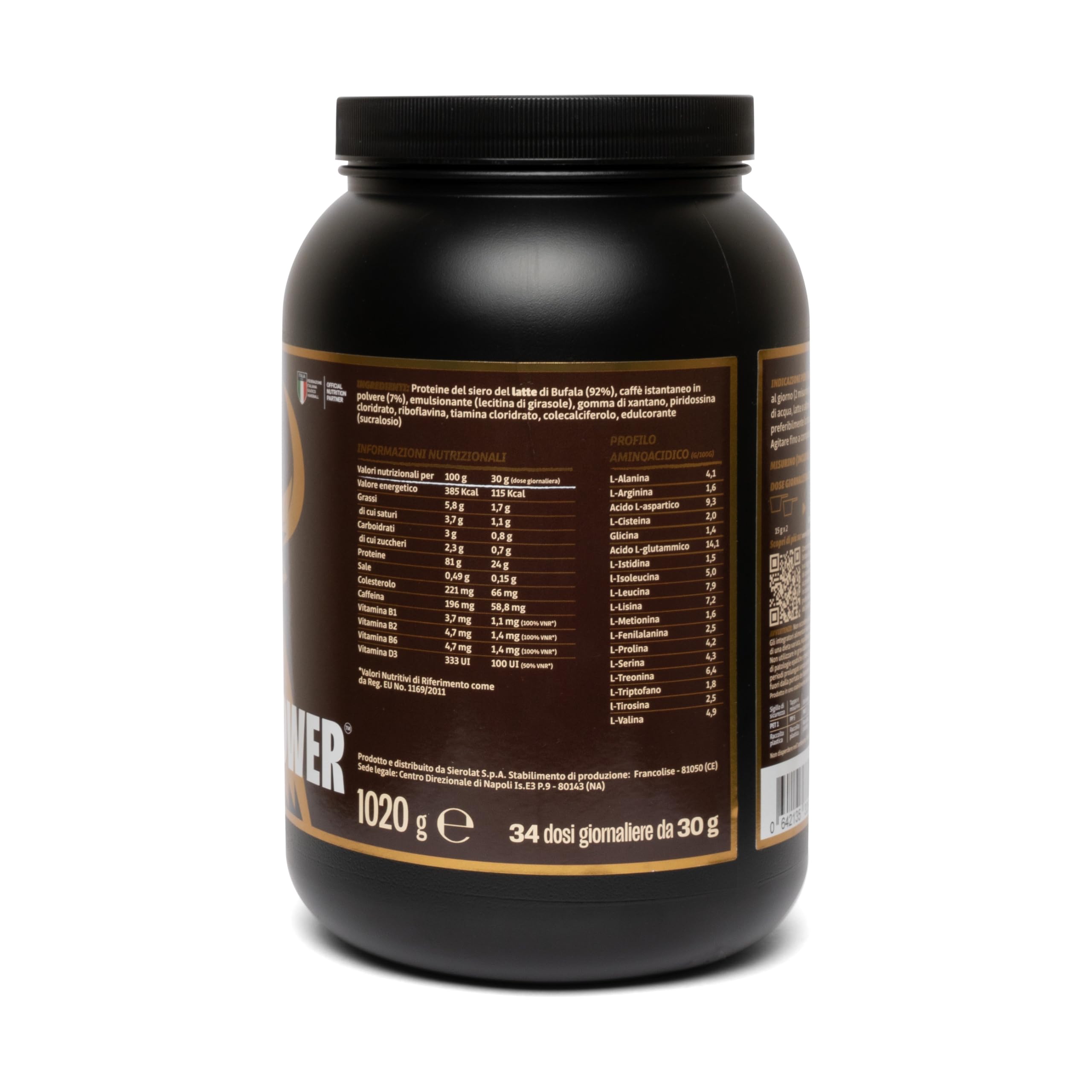 Buffalo Whey +80 Proteine in Polvere Concentrate Gusto Caffè 100% Italiane da Latte di Bufala, 24g di Proteine 5.5g BCAA Vitamine Gruppo B e D per supporto muscolare (34 dosi x 1020g)