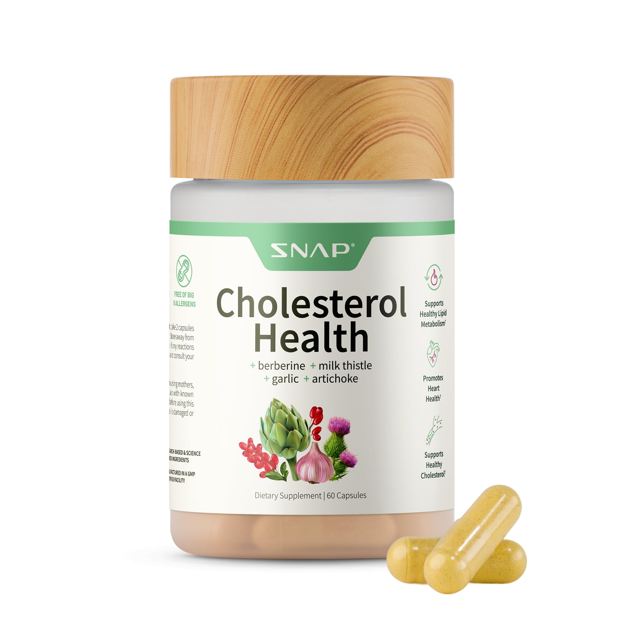 Snap Supplements Cholesterol Health - Natural Support for Heart, Liver, Digestive and Metabolic Health, 60 Vegetarian Capsules (30 Servings, 1 Month Supply)