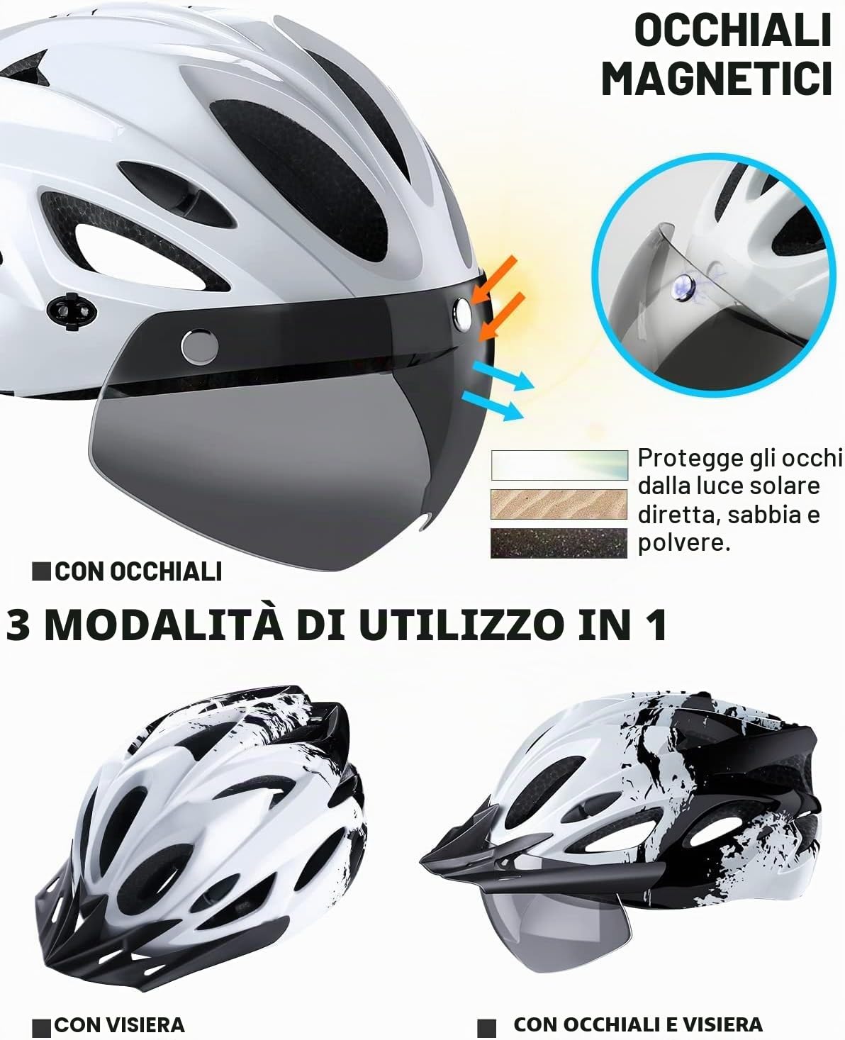 Casco Bici con LED Luce, Ultraleggero con Visiera Magnetica, Casco da Corsa Adulto MTB Regolabile 57-62cm