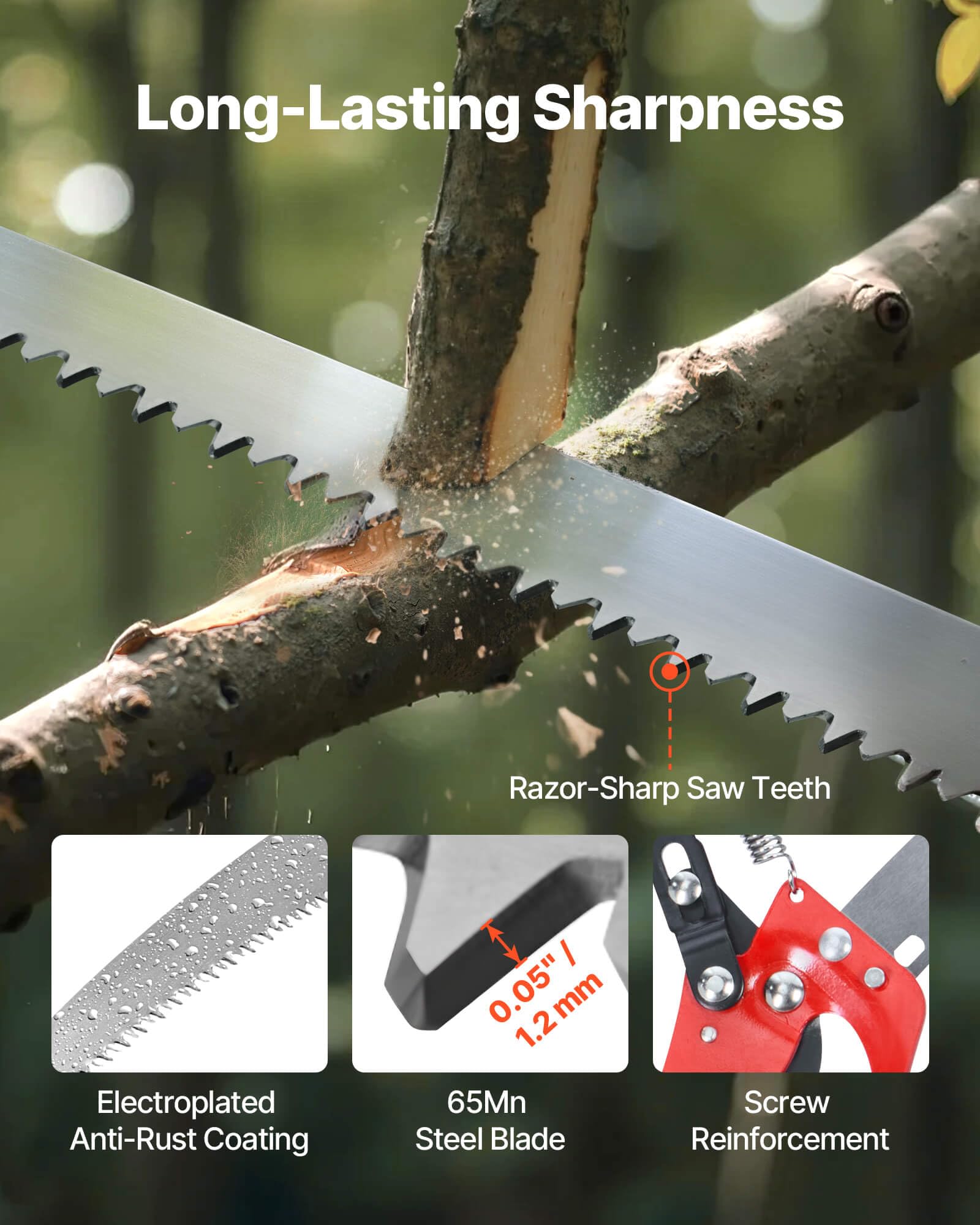 VEVOR Sierra de Pértiga Manual, Podadora de Pértiga Extensible de 118-809,3 cm con Tijeras, Hoja de Acero de 65 Mn, Mango Ligero de Fibra de Vidrio para Podar Ramas Altas, Palmeras y Arbustos