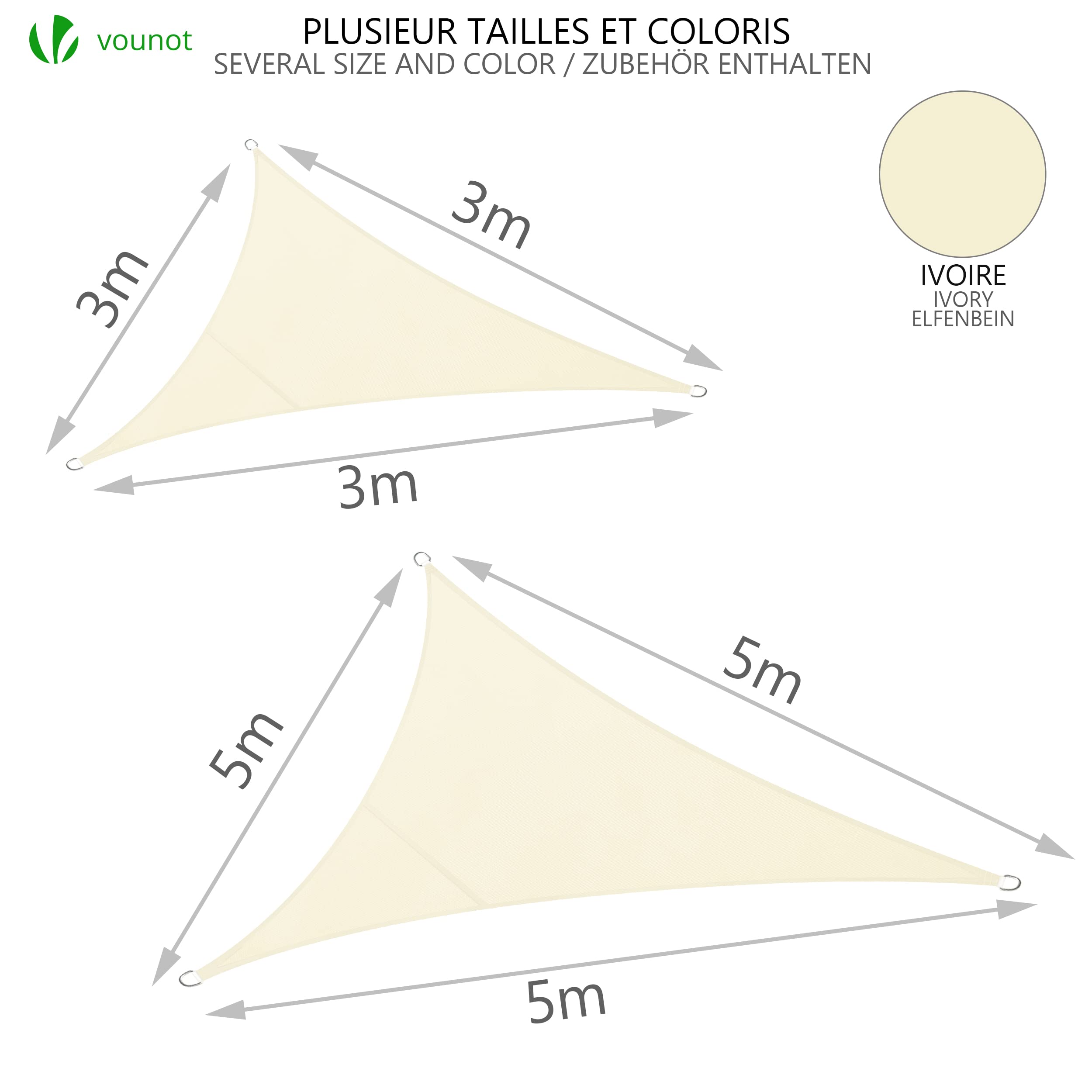 VOUNOT® Vela Ombreggiante Triangolare 5x5x5m, Tenda da Sole Impermeabile Protezione UV per Esterno Beige